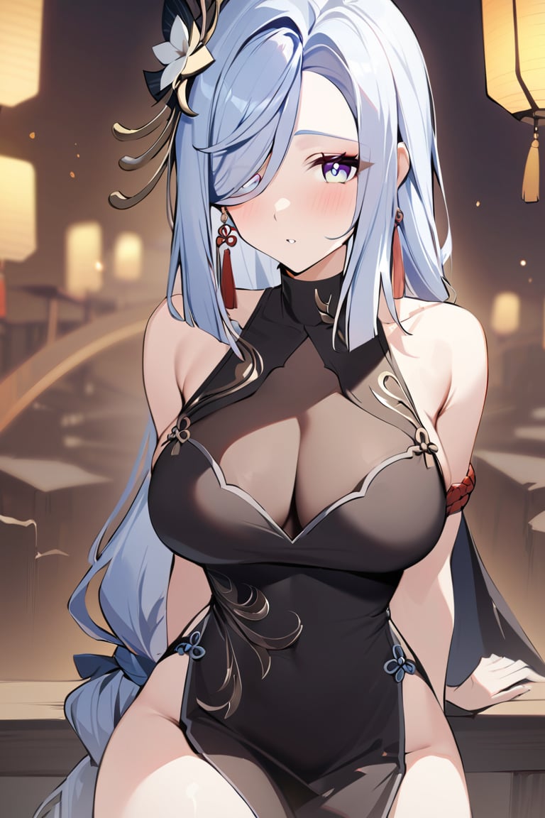 best quarity, masterpiece, 1girl,shenhe_\(genshin_impact\),solo,long_hair,breasts,hair_over_one_eye,dress,hair_ornament,black_dress,lantern,bangs,chinese_clothes,earrings,jewelry,blue_eyes,