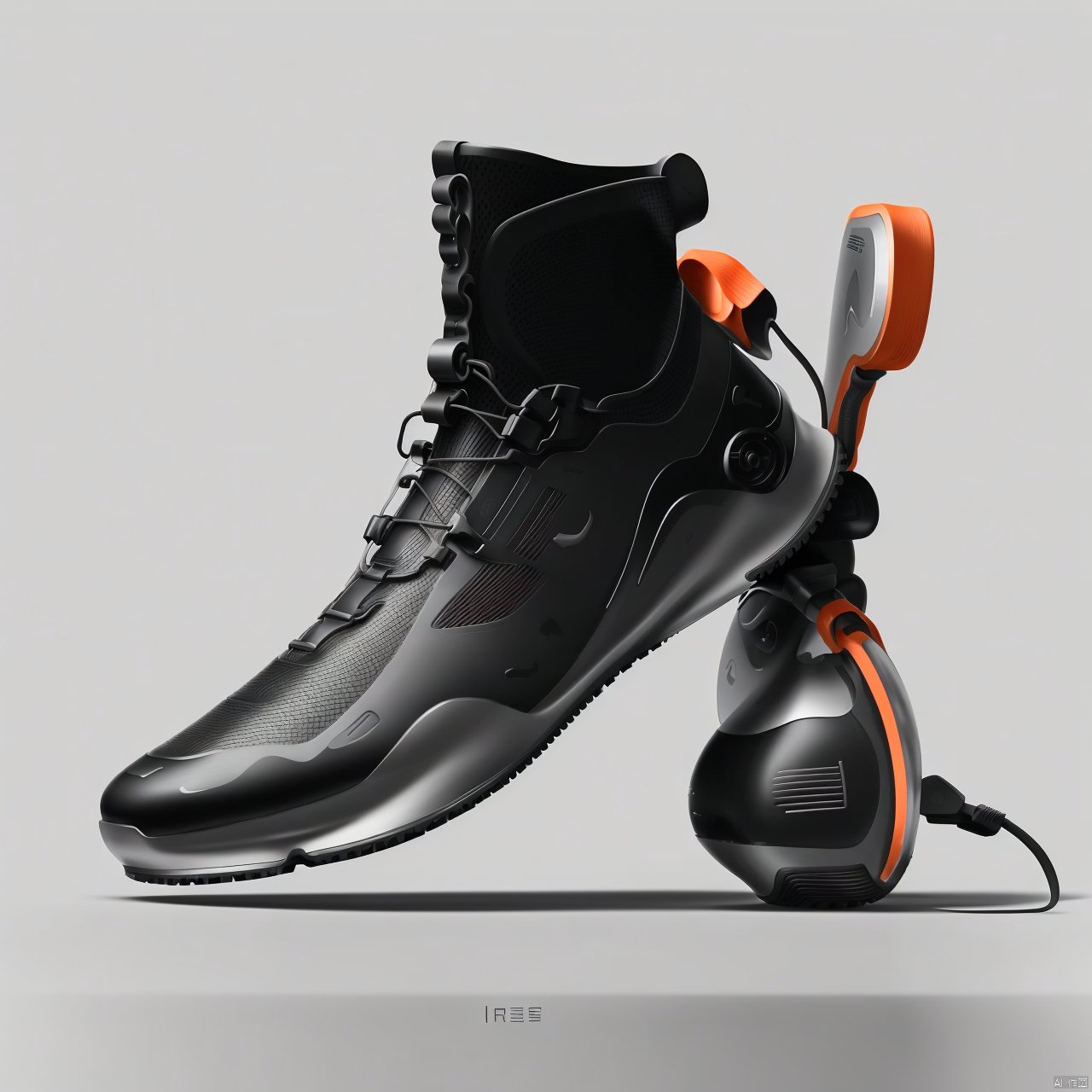  one foot in one shoe,A orange shoe design, side view,white background, greyscale, shoes,, grey background, no humans, sneakers, still life, conceptual design, masterpieces of art.Mechanical soles, shoe design,background blurring, Product Design Sketch, Cloth, robots, product render