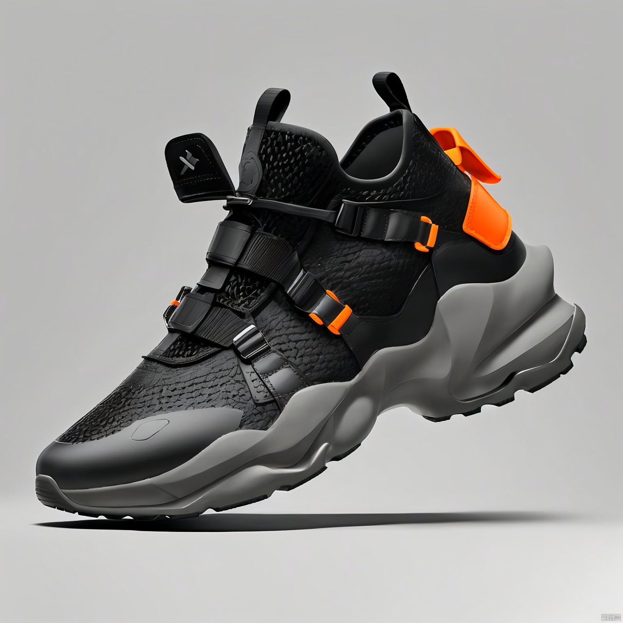  one foot in one shoe,A orange shoe design, side view,white background, greyscale, shoes,, grey background, no humans, sneakers, still life, conceptual design, masterpieces of art.Mechanical soles, shoe design,background blurring, product render