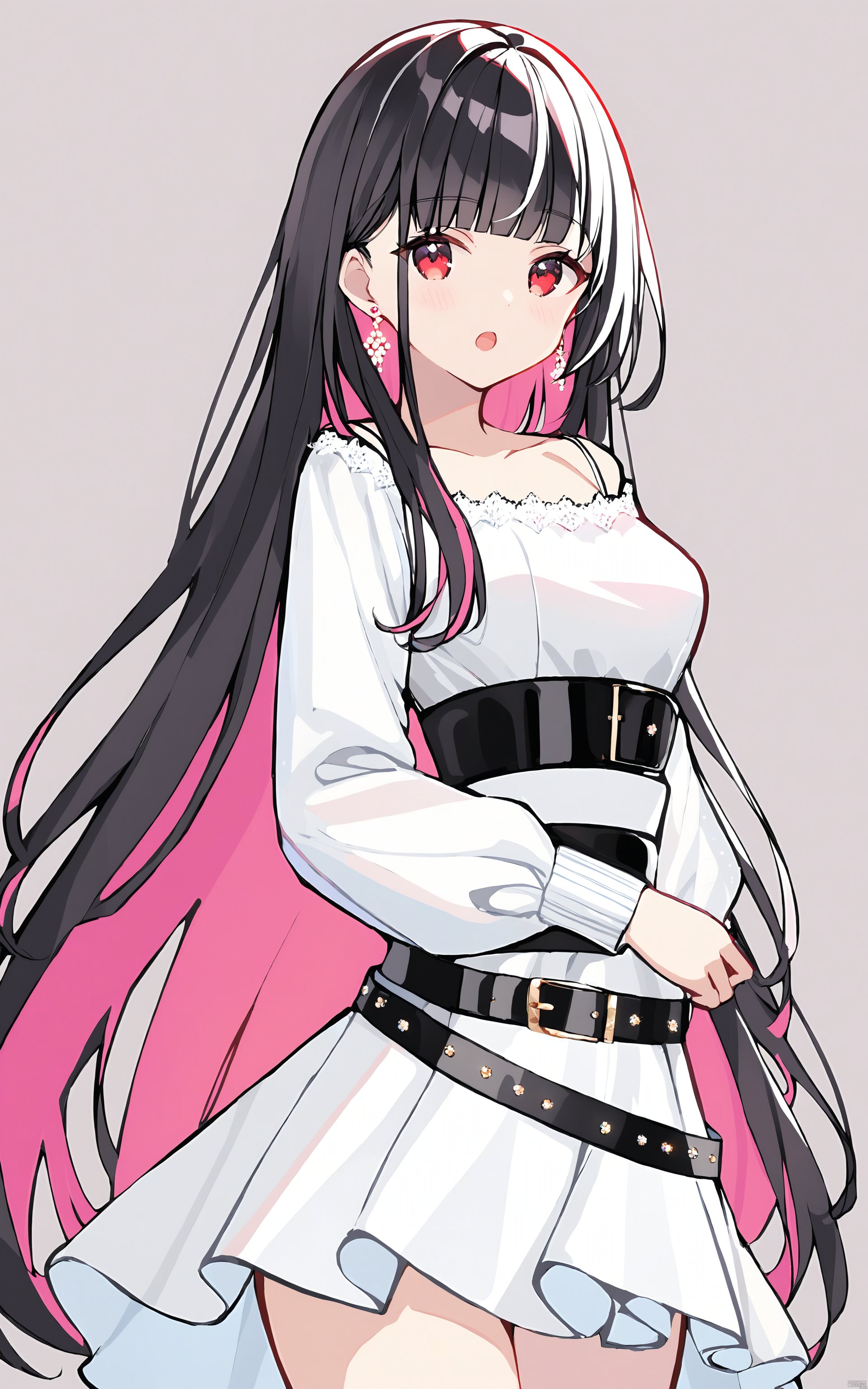  (best quality), ((masterpiece))1girl, solo, black hair, multicolored hair, long hair, bangs, dress, belt, long sleeves, jewelry, looking at viewer, breasts, earrings, colored inner hair, pink hair, white dress, black belt, red eyes, open mouth, blush, two-tone hair, cowboy shot, blunt bangs, simple background, collarbone, very long hair, medium breasts, :o