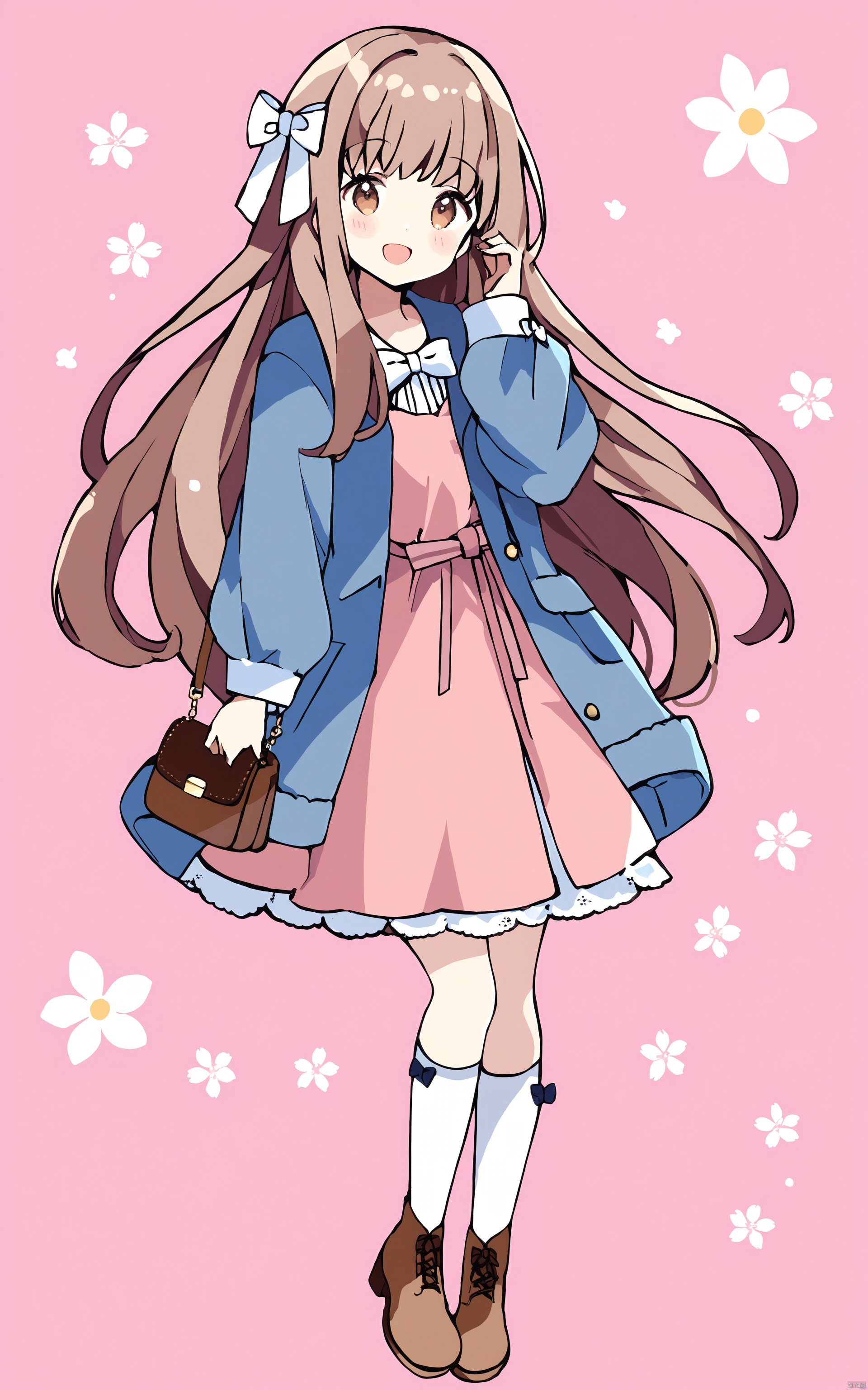  (best quality), ((masterpiece))1girl, solo, jacket, blue jacket, open jacket, open clothes, full body, floral background, socks, long hair, white socks, standing, bangs, brown eyes, blush, puffy sleeves, smile, bag, bow, long sleeves, holding, brown footwear, very long hair, dress, brown hair, boots, hair bow, :d, white background, looking at viewer, hand up, shoes, pink dress, two-tone background