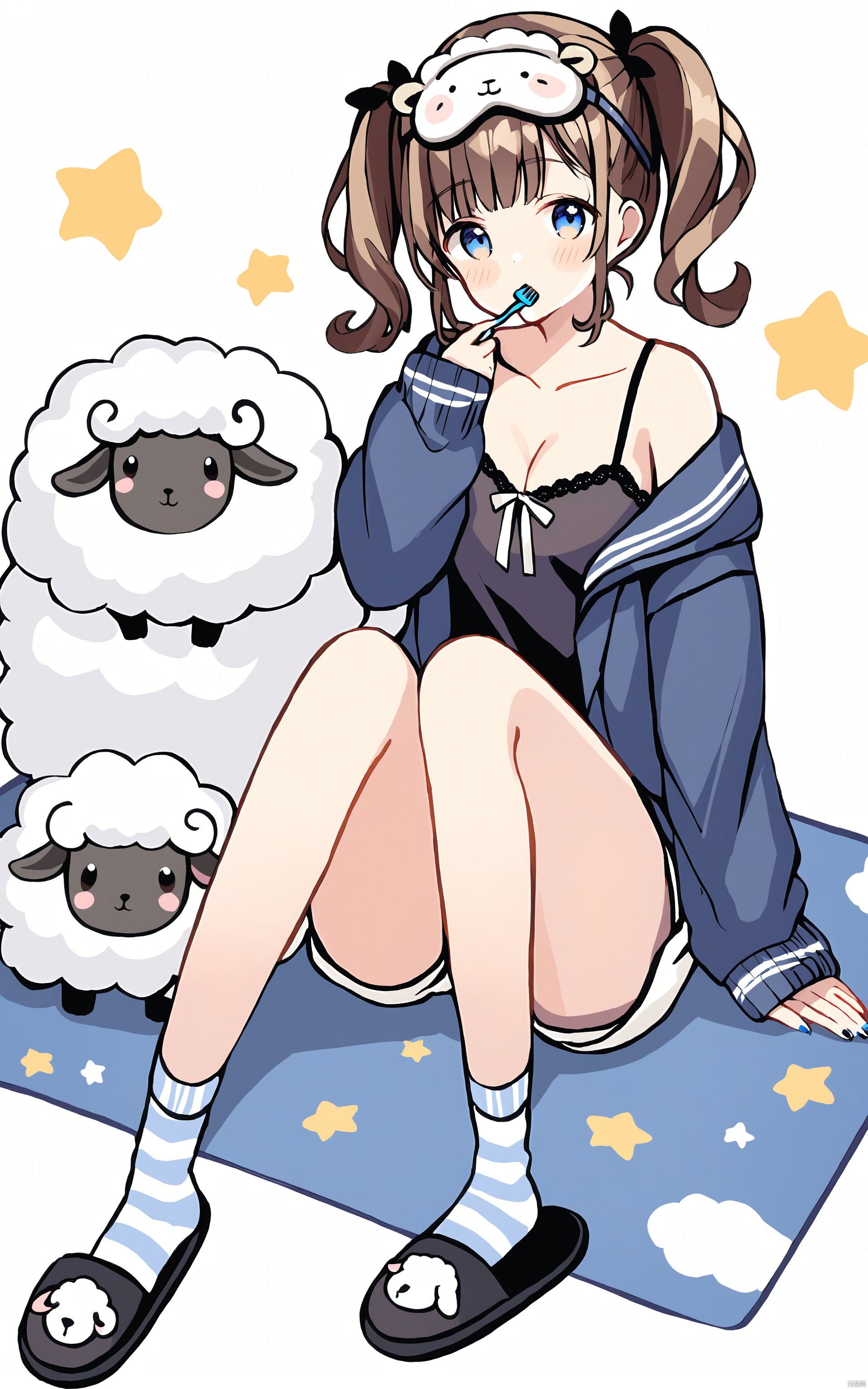  (best quality), ((masterpiece))toothbrush, solo, sheep, striped, sleep mask, short shorts, camisole, 1girl, jacket, socks, parted lips, long hair, long sleeves, breasts, open jacket, slippers, twintails, open clothes, wariza, shorts, brown hair, bangs, white background, blush, collarbone, striped socks, sleeves past wrists, mask, cleavage, small breasts, white shorts, looking at viewer, sitting, hand between legs, bare shoulders, animal, :o, off shoulder, blue eyes, nail polish, between legs, star \(symbol\)