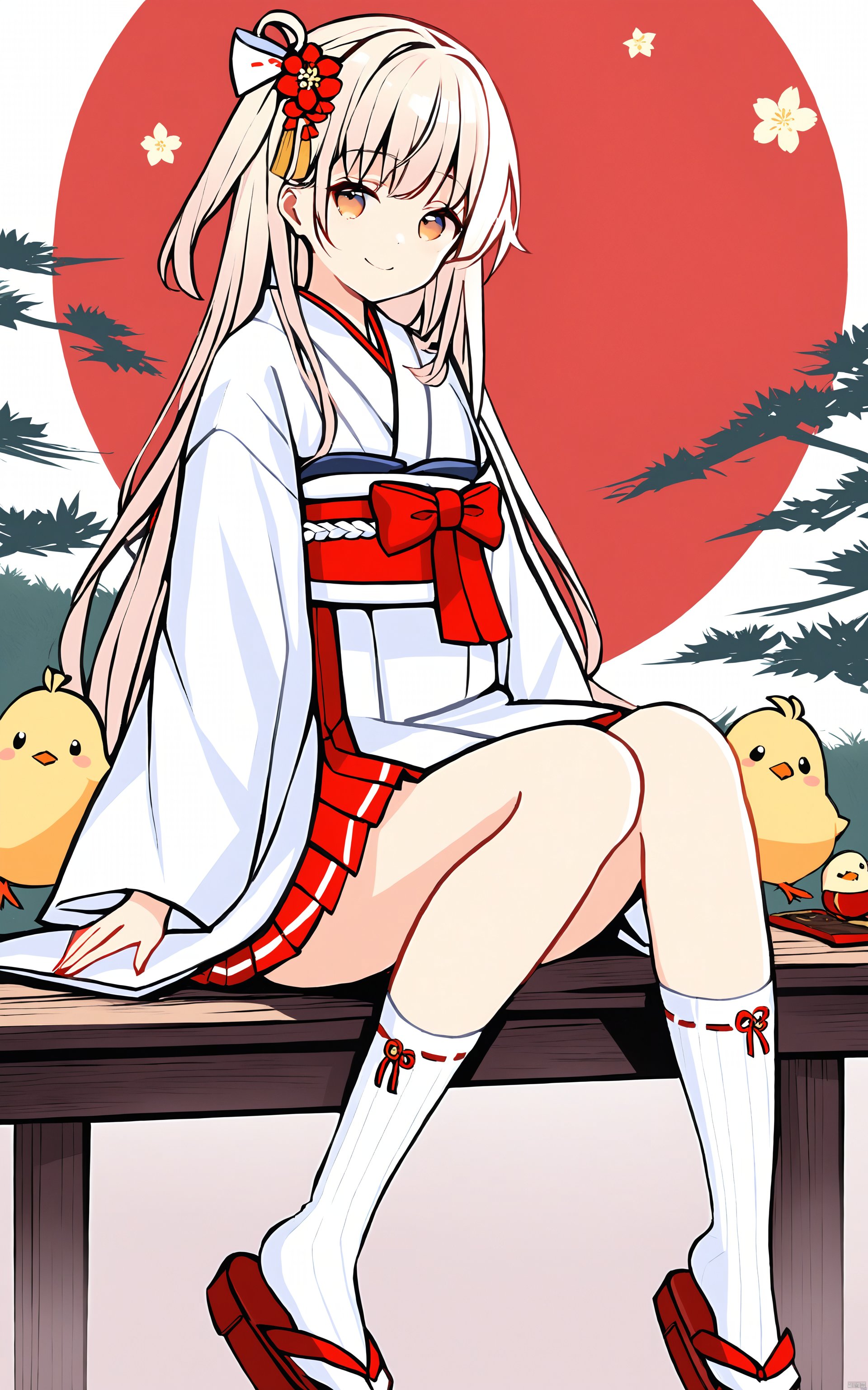  (best quality), ((masterpiece))1girl, japanese clothes, bird, solo, long hair, sitting, smile, looking at viewer, white kimono, ribbon trim, skirt, miko, hair ornament, chick, flower, ribbon-trimmed legwear, zouri, socks, animal