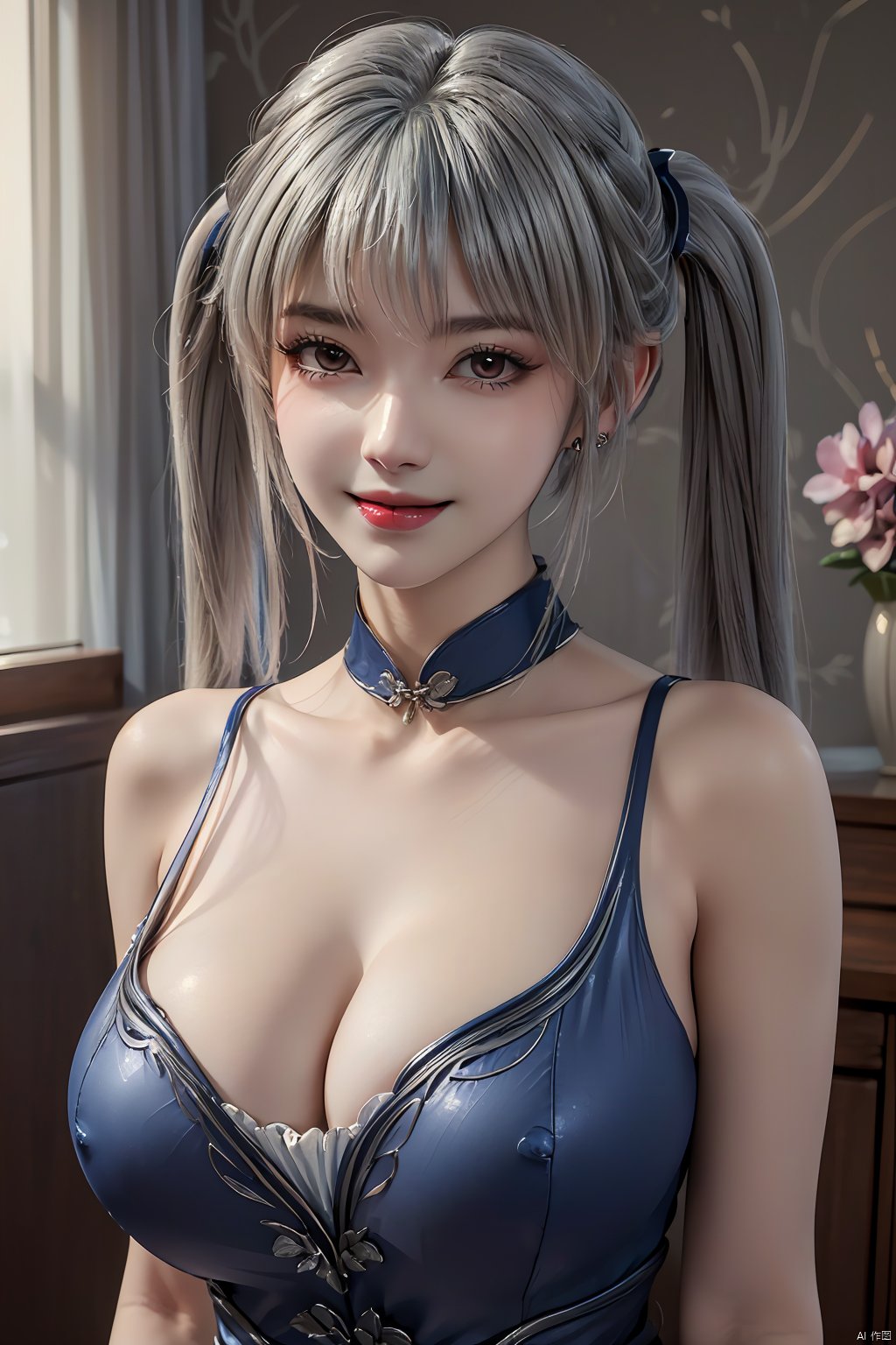  (masterpiece:1.3), (high resolution:1.3), (an extremely detailed 32k wallpaper:1.3), (best quality),Highest image quality, exquisite CG, high quality, high completion,((mature female,milf)),(looking at viewer),seductive smile,(seductive face:1.3),(Blush:1.2),(shy:1.2),1girl,(earrings),(large breasts),busty,(twintails),red lips,sunny,