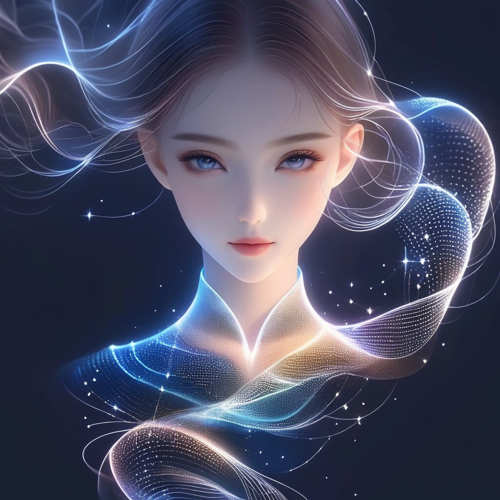 1girl minimalist hologram, long hair glowing, line glowing surrounds the body on a simple background,minimalist hologram