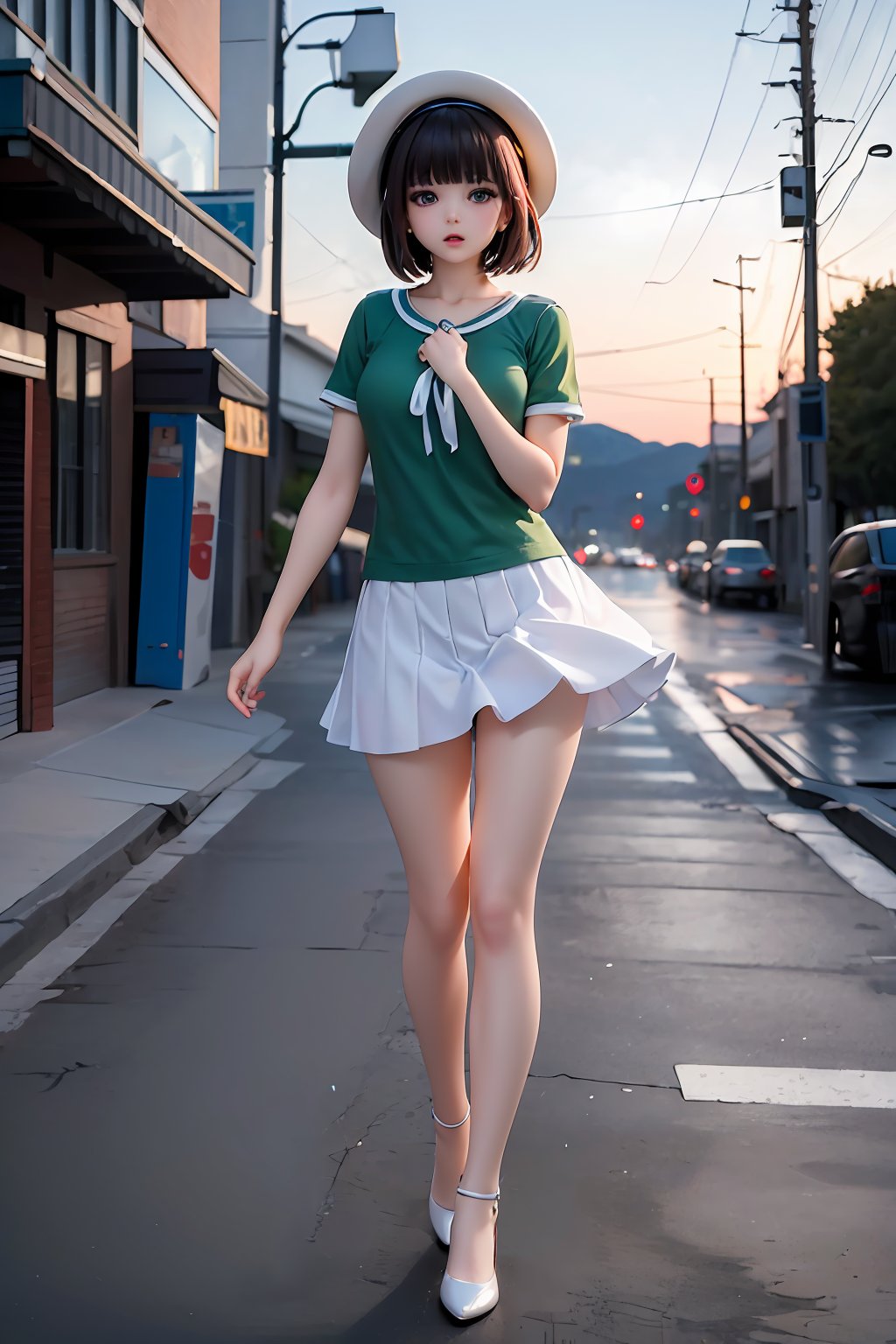 ((masterpiece, best quality, absurdres, highres, ultra detailed, high resolution, very fine 8KCG wallpapers)), 1 girl, solo, green shirt, white flare skirt, long skirt, white pumps,