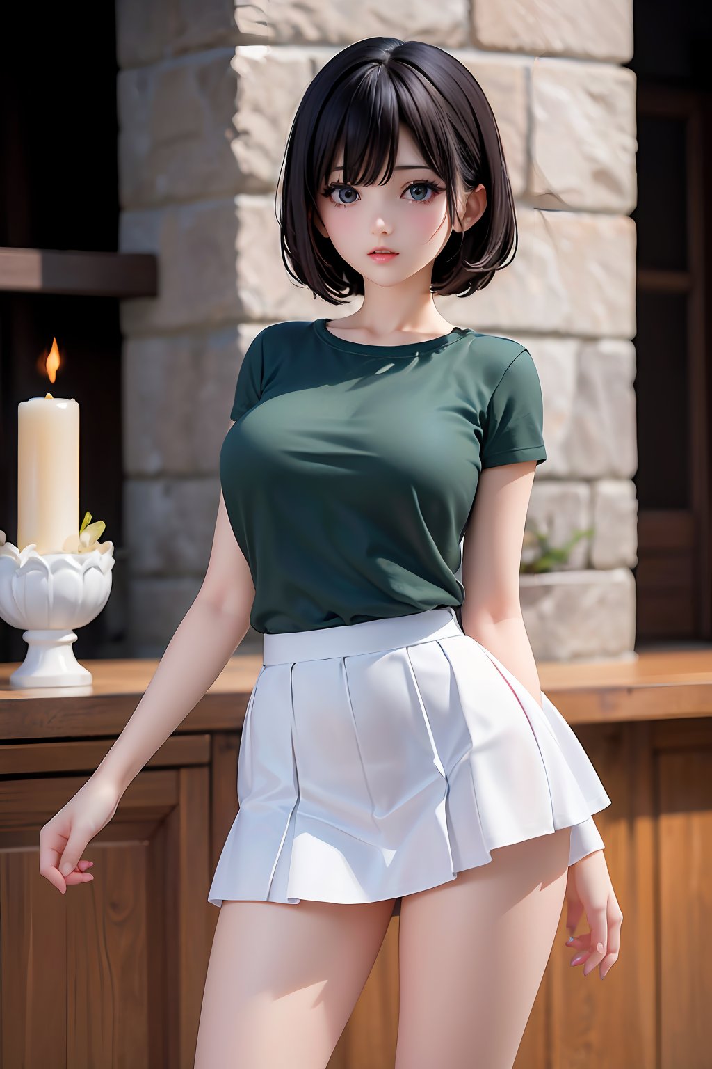 ((masterpiece, best quality, absurdres, highres, ultra detailed, high resolution, very fine 8KCG wallpapers)), 1 girl, solo, green shirt, white flare skirt, long skirt, white pumps,