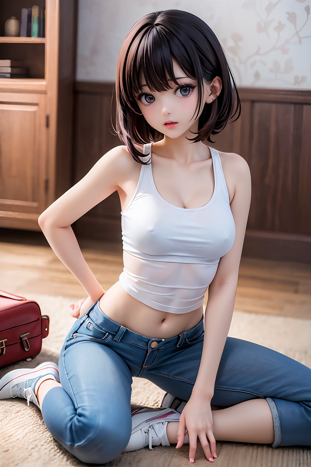 ((masterpiece, best quality, absurdres, highres, ultra detailed, high resolution, very fine 8KCG wallpapers)), 1 girl, solo, tanktop, denim pants, sneakers, usquat,