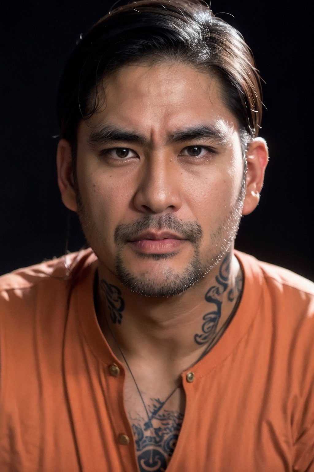 Thai man, 40 years old,handsome, neck tattoo, short hair, muscle, professional pose, simple studio background, black lighting portrait , light from above, chin up, cowboy shot