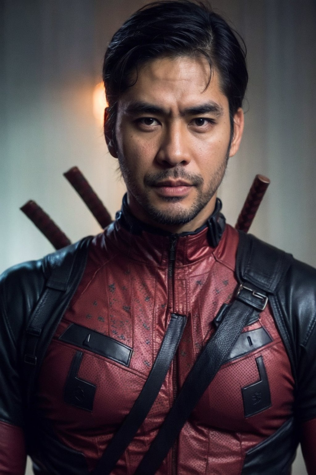 Thai man, 40 years old,handsome, neck tattoo, simple background, Deadpool suit, black lighting portrait , light from above, chin up