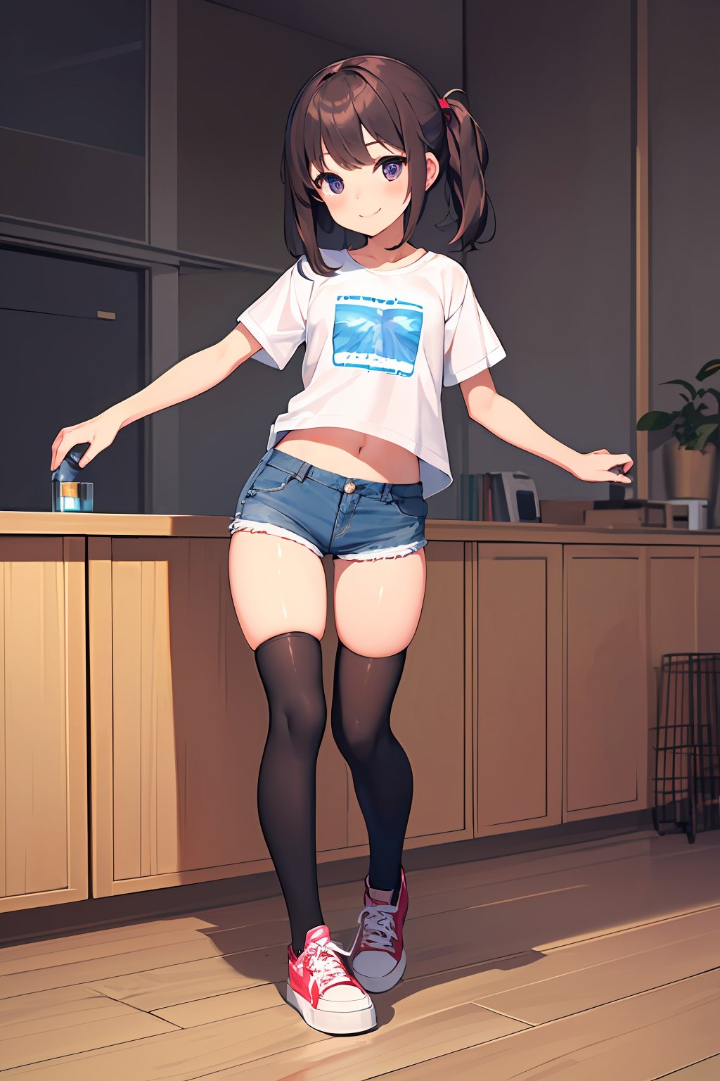((masterpiece, best quality, absurdres, highres, ultra detailed, high resolution, very fine 8KCG wallpapers)), 1 girl, solo, smile, kids clothes, denim short shorts, thigh high socks, zettai_ryouiki, sneakers,