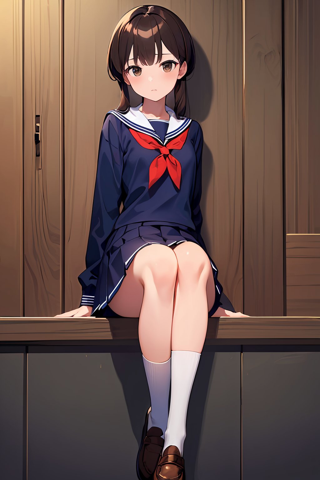 ((masterpiece, best quality, absurdres, highres, ultra detailed, high resolution, very fine 8KCG wallpapers)), 1 girl, solo, sailor uniform, navy knee high socks, brown loafers,