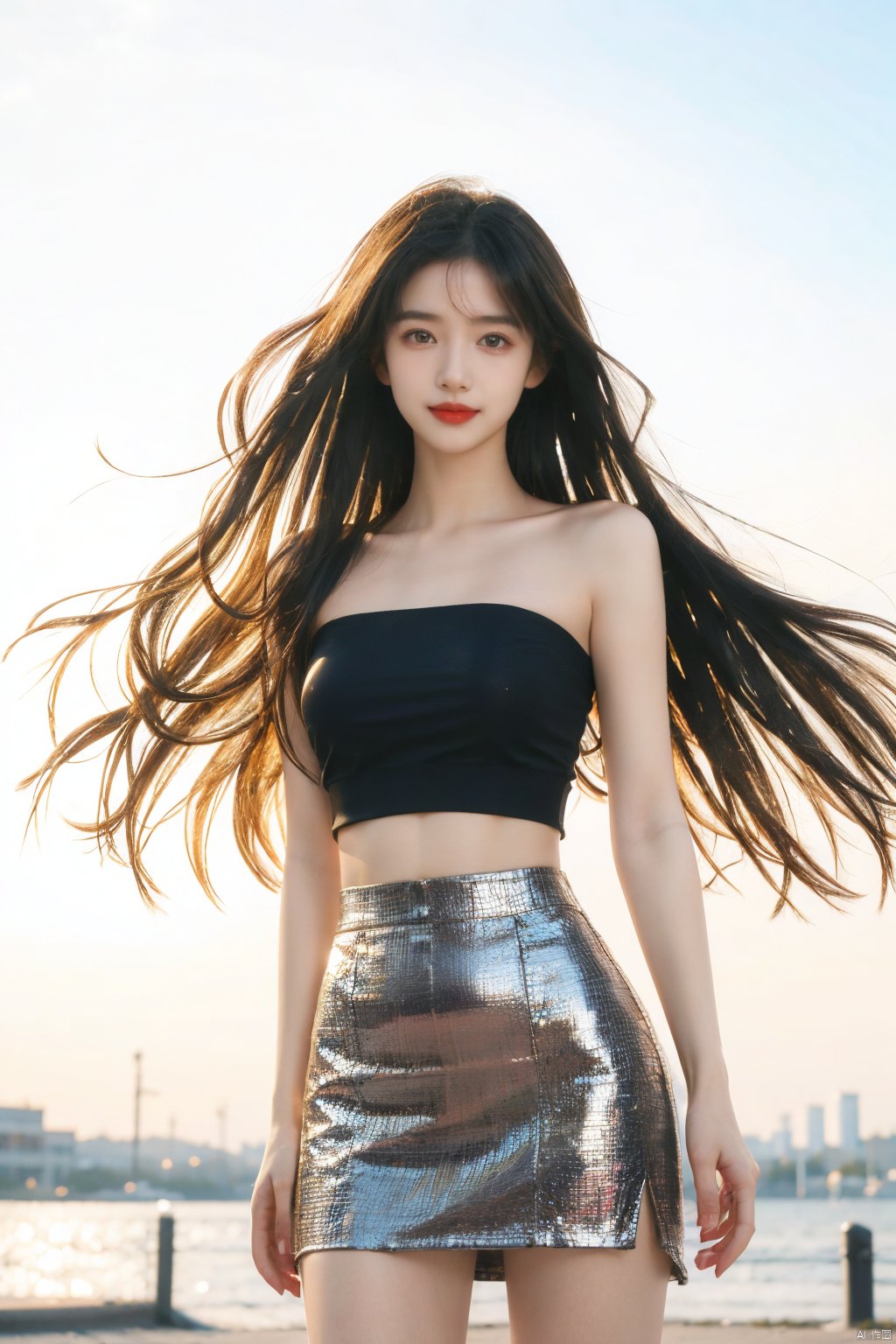  masterpiece,8K,best quality,1girl,smile,navel,long hair,breasts,solo,looking at viewer,midriff,realistic,blurry background,blurry,medium breasts,tank top,pencil_skirt,teeth,crop top,brown eyes,red lips,black hair,long hair,massive hair,light behind hair,hair in front,her hair rested on her shoulders,sun behind,slim hip,float hair,floating hair,flying hair,hair blown by the wind,white clouds behind,the broken hair in the front,messy shaggy hair,dust blown by the wind,mist in front,best quality,ultra high res,ice magic,light particles,sparkle,backlighting,loli,little girl,(child:0.5),13yo,rubber mesh clothes,(black and vibrant ruby red color),art by agnes cecile and agostino arrivabene and alberto dros,drawing,freeform,swirling patterns,doodle art style,little girl,black miniskirt,Leather clothes,Strapless,