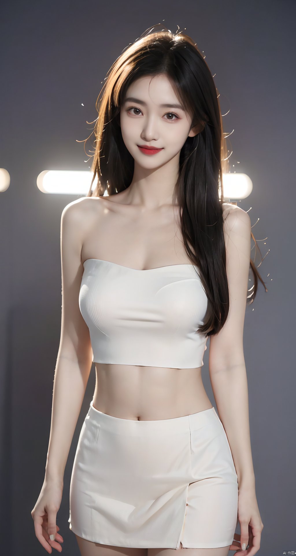  1girl,solo,(masterpiece, best quality, high quality, highres, ultra-detailed),realistic,((black hair)),(Straight hair:1.6),(Long hair:1.6),pale skin,big eyes,(medium breasts),looking at viewer,naked,hands cover breast,Sleeveless strapless tight-fitting vest,Expose navel,Mini tight skirt,slender,long hair,straight_hair,collarbonea,bare shoulders,slender_waist,navel,huge filesize,simple_background,lipstick,midriff,(full_shot:1.3),fair_skin,standing,smile,available light,Cinematic Lighting,Tyndall effect,panorama,depth of field,cleavage,chiffon_skirt, YY, sufei