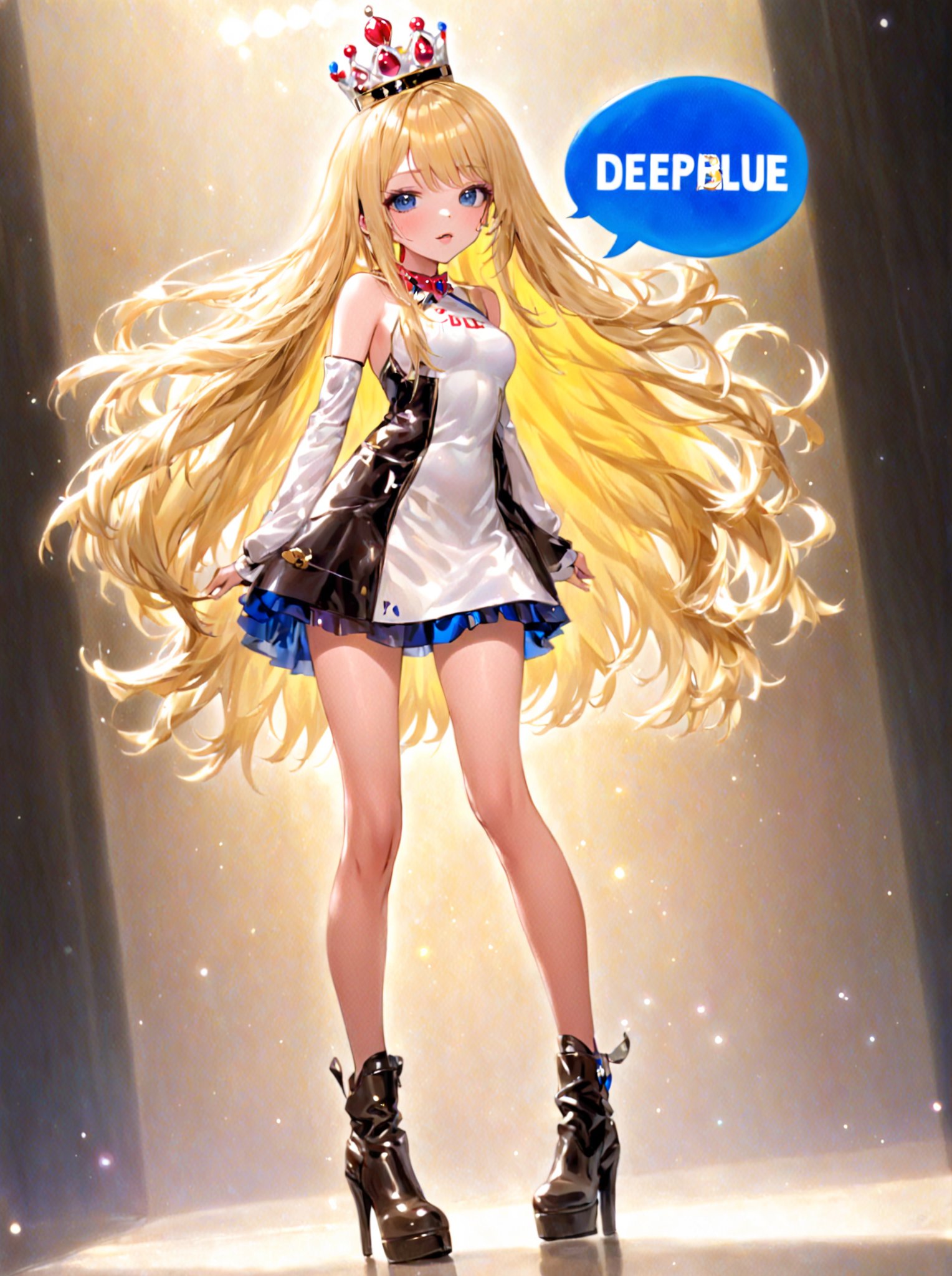 photograph, absurdres, highres, ultra detailed,1girl, blond hair, long hair, straight hair, french hair, parted bangs bangs, serafuku tiara high heel boots,(speech bubble saying "DeepBlue"):1.2