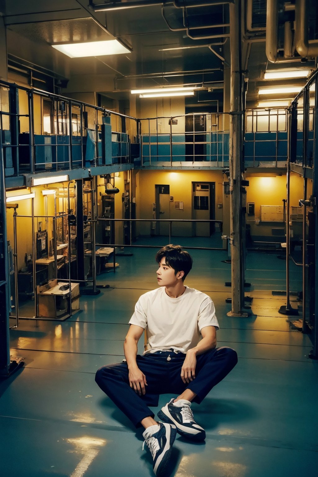 solo, oppa, Korea model, prison shirt, realistic, jail, prison. sitting, full body view. 