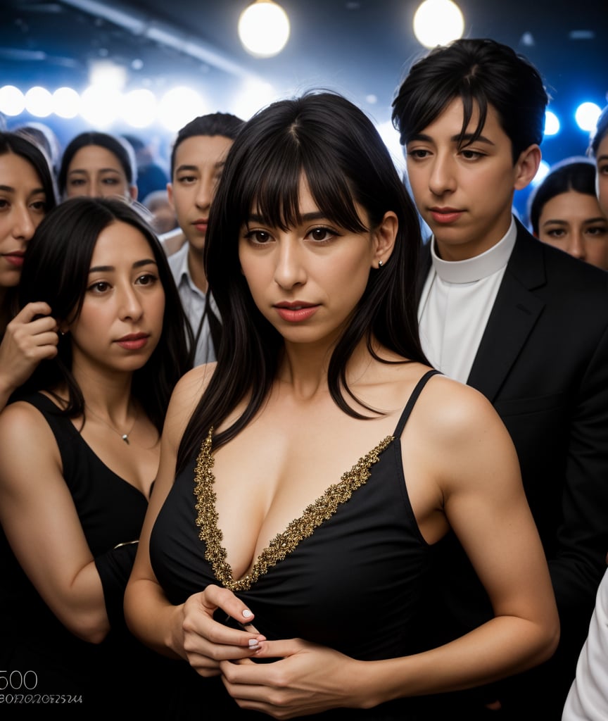 ((photograph of a 50 year old Argentinian woman)), amazement, ((small breasts)), sagging breasts, black hair, realistic, intricate and detailed photography, with flash, realistic and incredible photo of a pretty woman wearing priest's clothing , makeup, on a blurry and crowded background in a nightclub. 35mm photography, film, bokeh, professional, 4k, highly detailed in a casual chic outfit. Comfortable, elegant, modern, accessible, MarAlv00