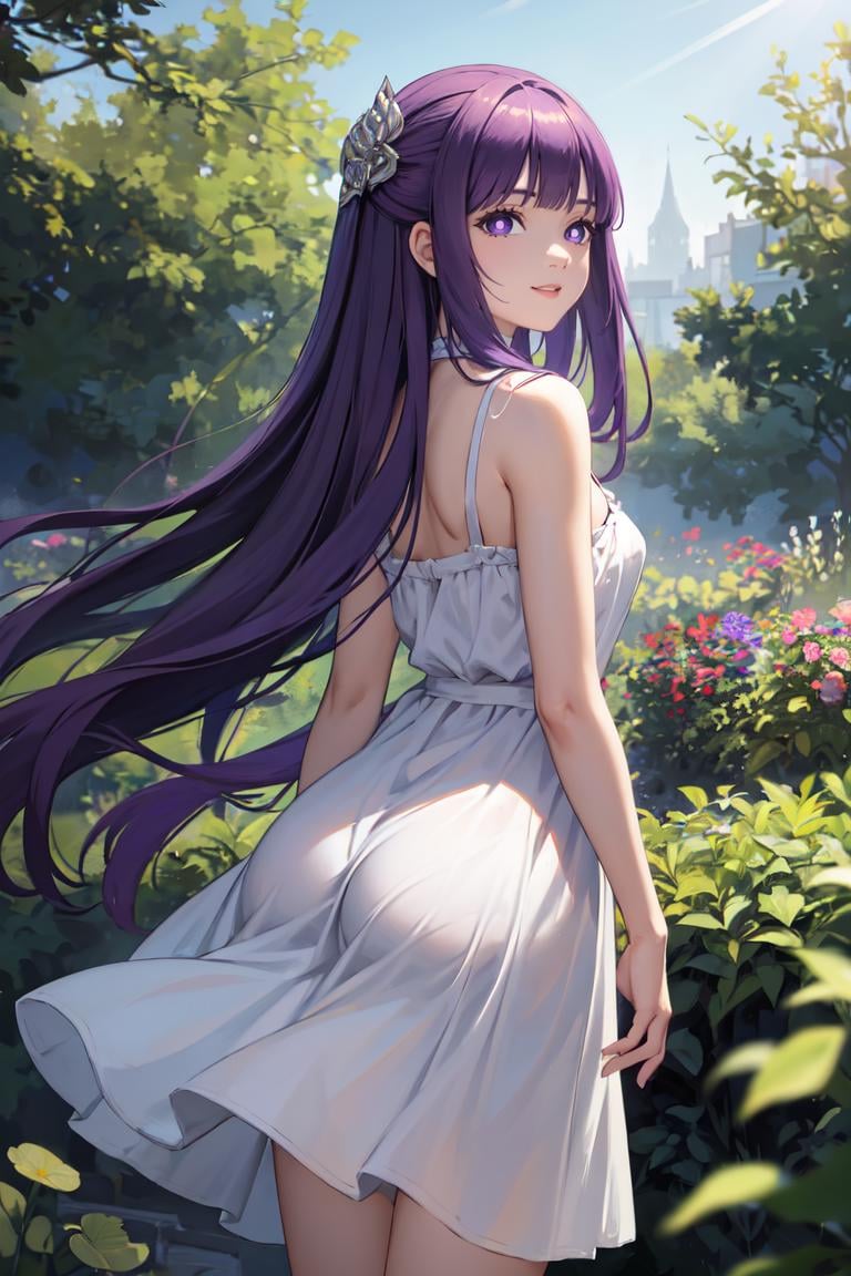 masterpiece, best quality, absurdres, perfect anatomy, 1girl, solo, FernFrieren, very long hair, purple eyes, (purple pupils), hair ornament, from behind, sundress, garden, day, sunshine, smile, looking back, <lora:CHAR-Fern:1>