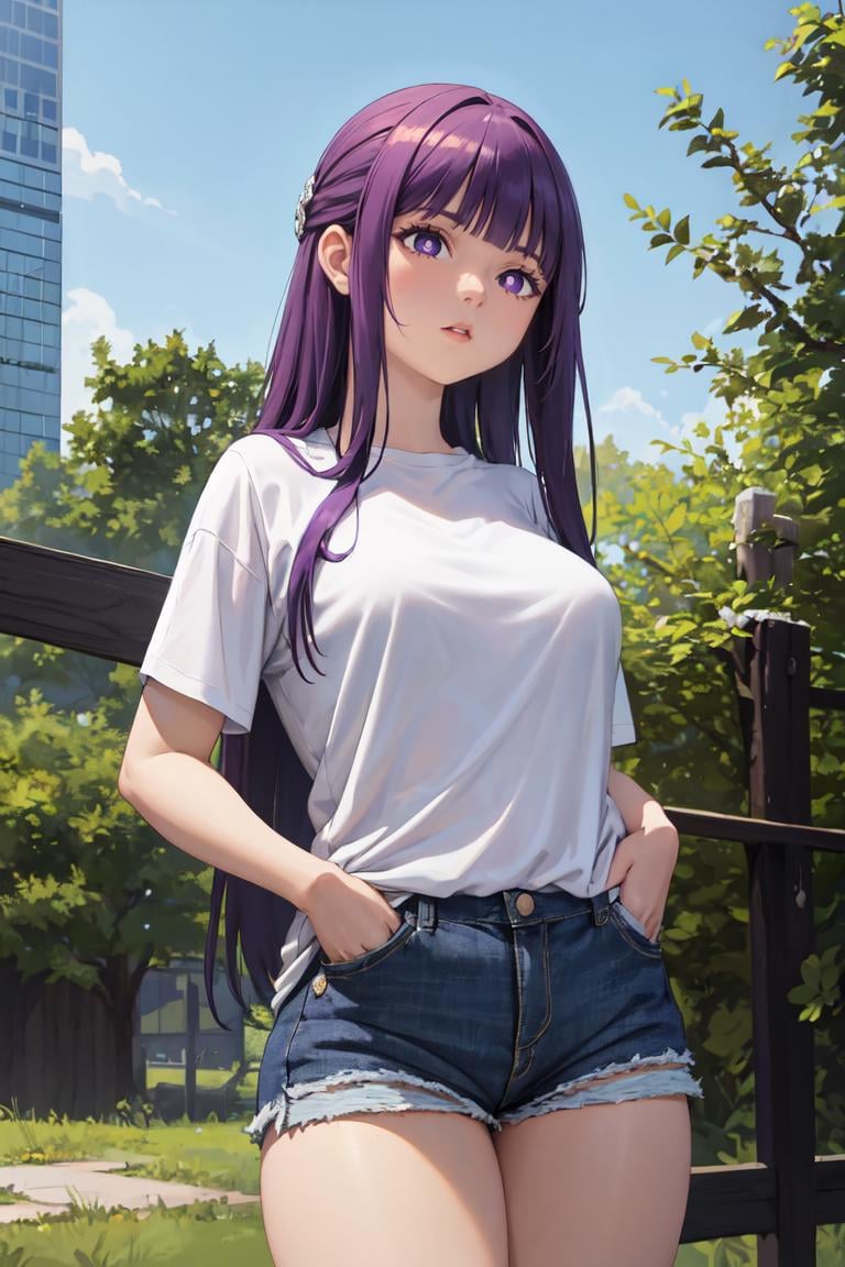 masterpiece, best quality, absurdres, perfect anatomy, 1girl, solo, FernFrieren, very long hair, purple eyes, (purple pupils), t-shirt, denim shorts, standing, outdoors, city, hands in pockets, <lora:CHAR-Fern:1>