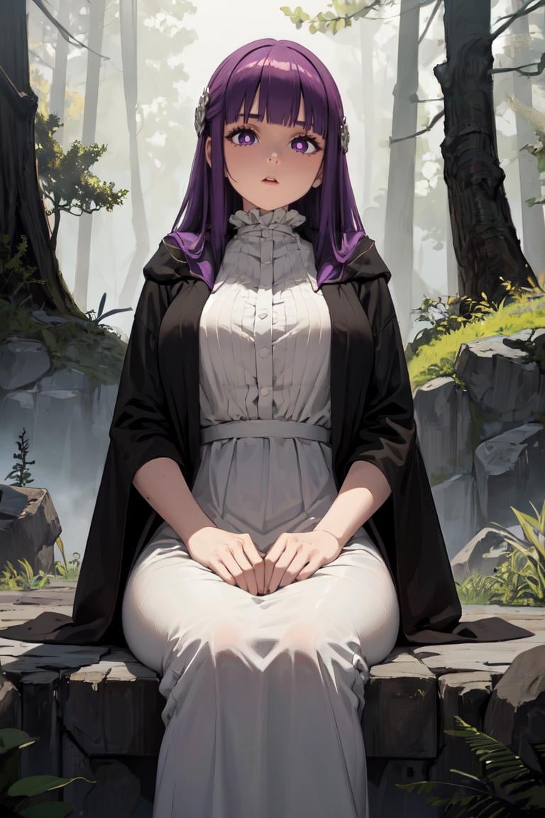 masterpiece, best quality, absurdres, perfect anatomy, 1girl, solo, FernFrieren, very long hair, purple eyes, (purple pupils), white dress, black robe, large breasts, outdoors, forest, sitting, rock, <lora:CHAR-Fern:1>