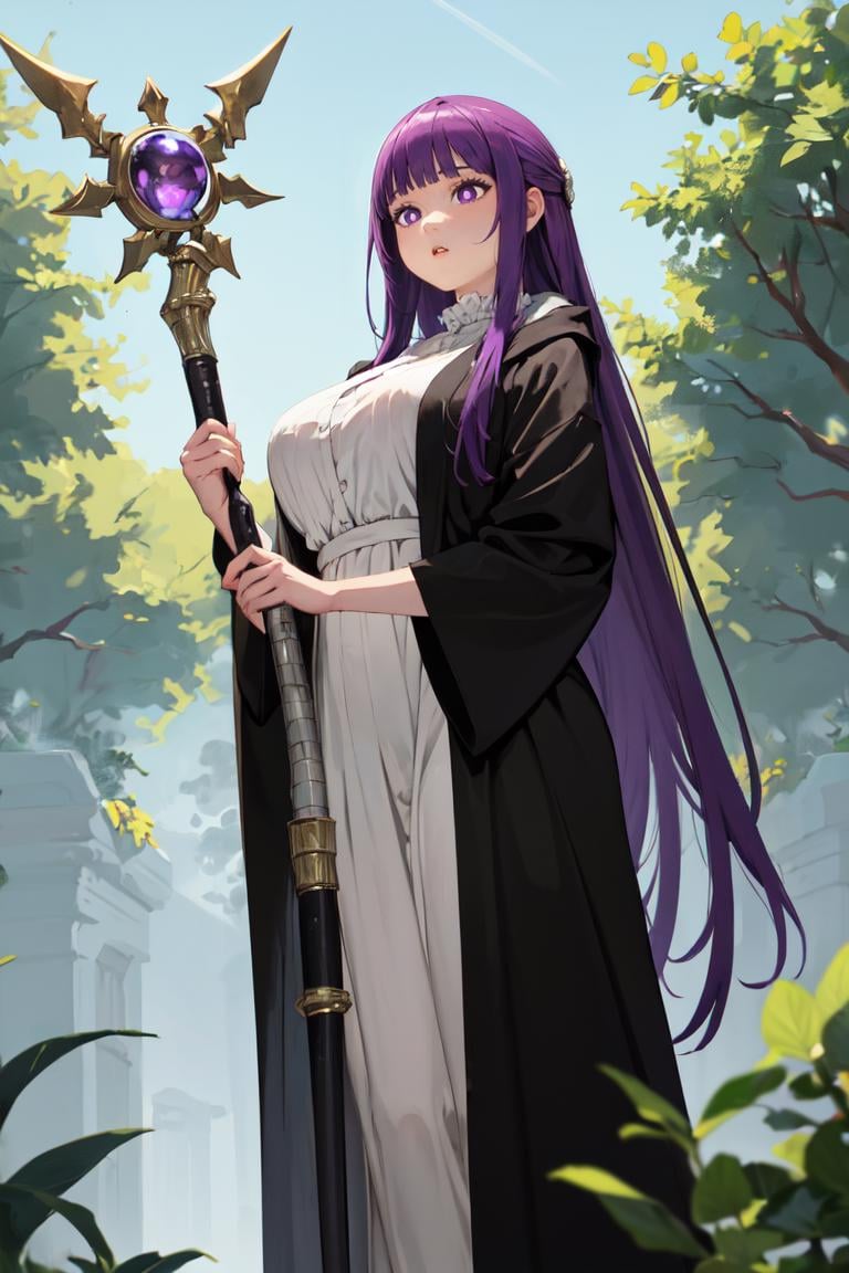 masterpiece, best quality, absurdres, perfect anatomy, 1girl, solo, FernFrieren, very long hair, purple eyes, (purple pupils), white dress, black robe, large breasts, outdoors, staff, holding staff, magic, <lora:CHAR-Fern:1>