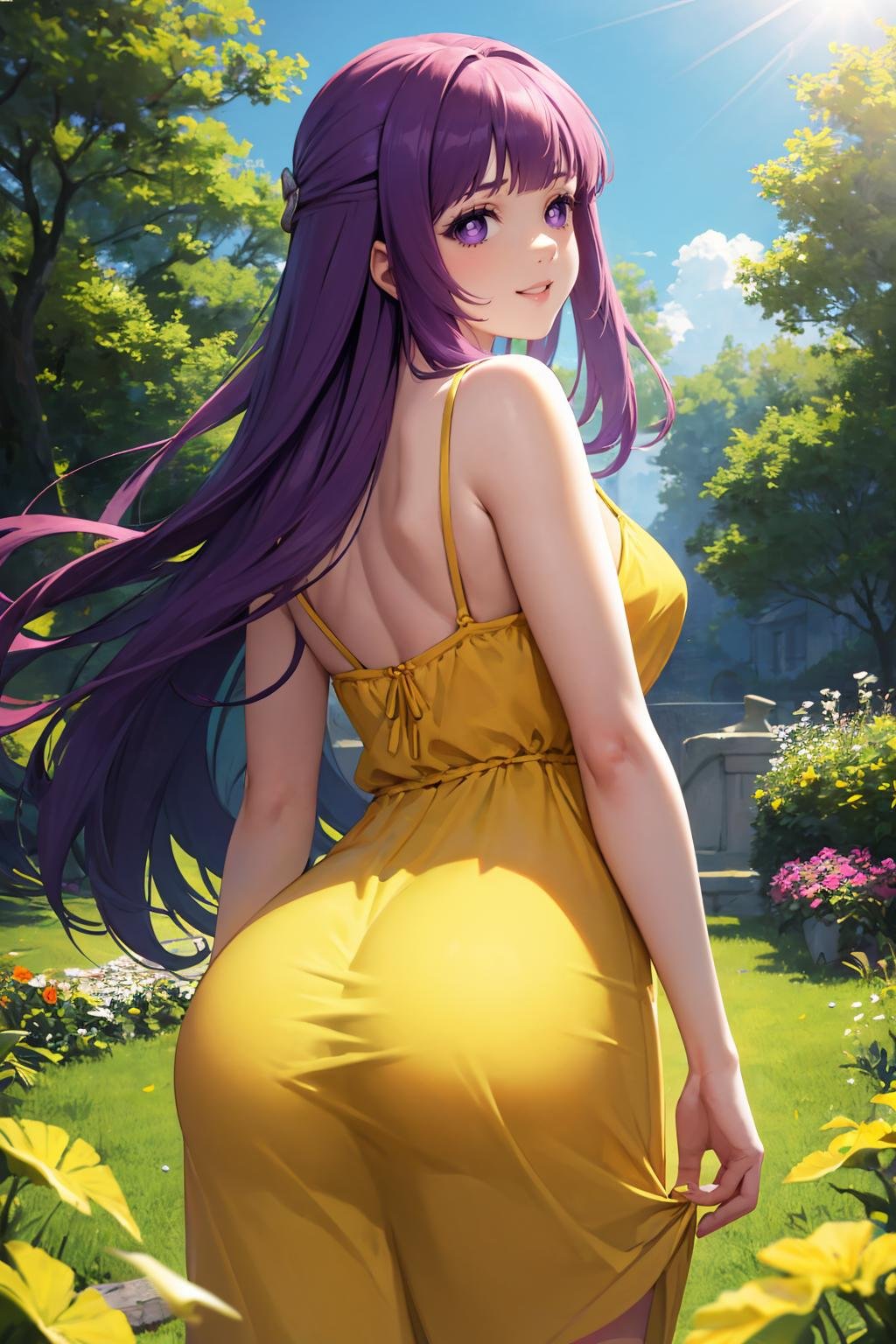 masterpiece, best quality, absurdres, 1girl, solo, FernFrieren, purple pupils, long hair, half updo, from behind, (yellow sundress), garden, day, sunshine, smile, looking back, <lora:FernV2:1>