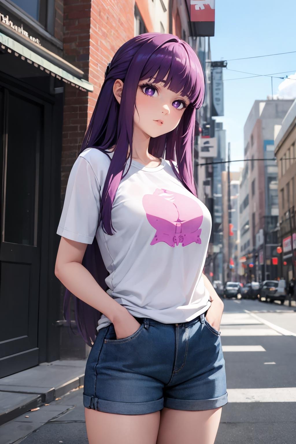 masterpiece, best quality, absurdres, 1girl, solo, FernFrieren, purple pupils, long hair, half updo, t-shirt, denim shorts, standing, outdoors, city, hands in pockets, <lora:FernV2:1>