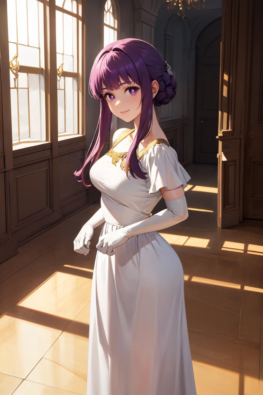 masterpiece, best quality, absurdres, 1girl, solo, FernDress, purple pupils, hair bun, sidelocks, white dress, gold trim, short sleeves, elbow gloves, white gloves, indoors, palace, reflective floor, smile, standing, <lora:FernV2:1>