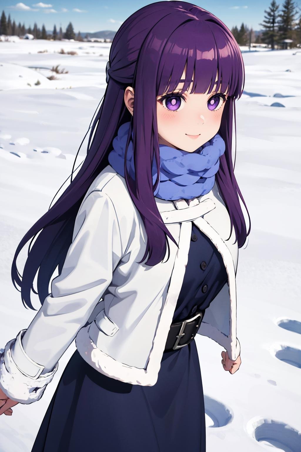 masterpiece, best quality, absurdres, 1girl, solo, FernWinter, purple pupils, long hair, half updo, blue scarf, black dress, white jacket, fur-trim, cropped jacket, black belt, outdoors, snow, winter, smile, blush, <lora:FernV2:1>