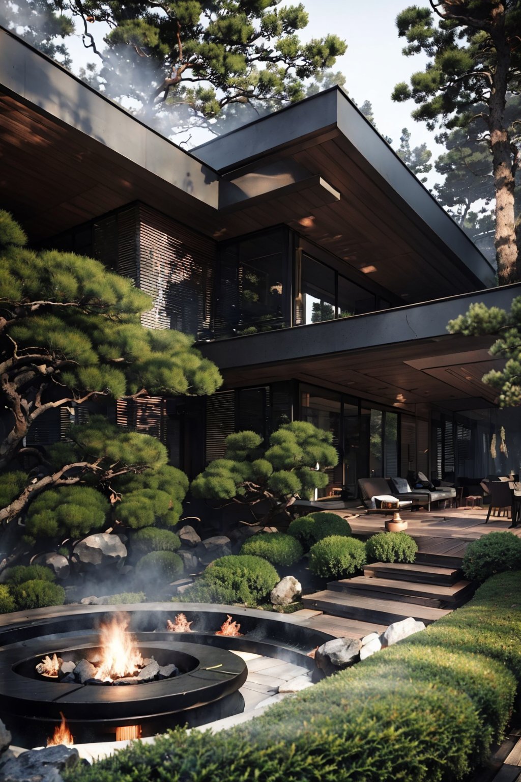 outdoors, sky, day, tree, no humans, grass, fire, plant, building, scenery, rock, bush, architecture, east asian architecture, EpicHouse, a house<lora:EMS-323568-EMS:1.000000>