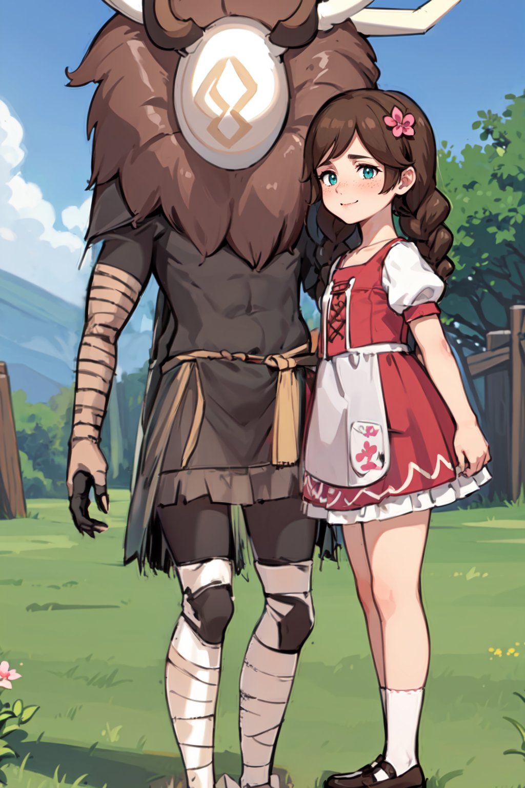 masterpiece, best quality,1girl, 1boy, (size difference:1.5), from side, outdoors, forest, trees, bushes, flowers, standing, looking around, confused, teal eyes, corset, (swept bangs:1.1), brown hair, twin braids, (hair flower, hair ornament:1.1), collarbone, low collar, pink and white dress, flower pattern, short sleeves, white sleeves, puffy sleeves, white socks, bobby socks, brown footwear, mary janes, freckles on cheeks and nose, (tareme:1.5), from below, blue sky, (hilichurl:1.5), (tall man with dark skin:1.2), (facing each other, looking at each other, eye contact, giving a flower), smiling, laughing,