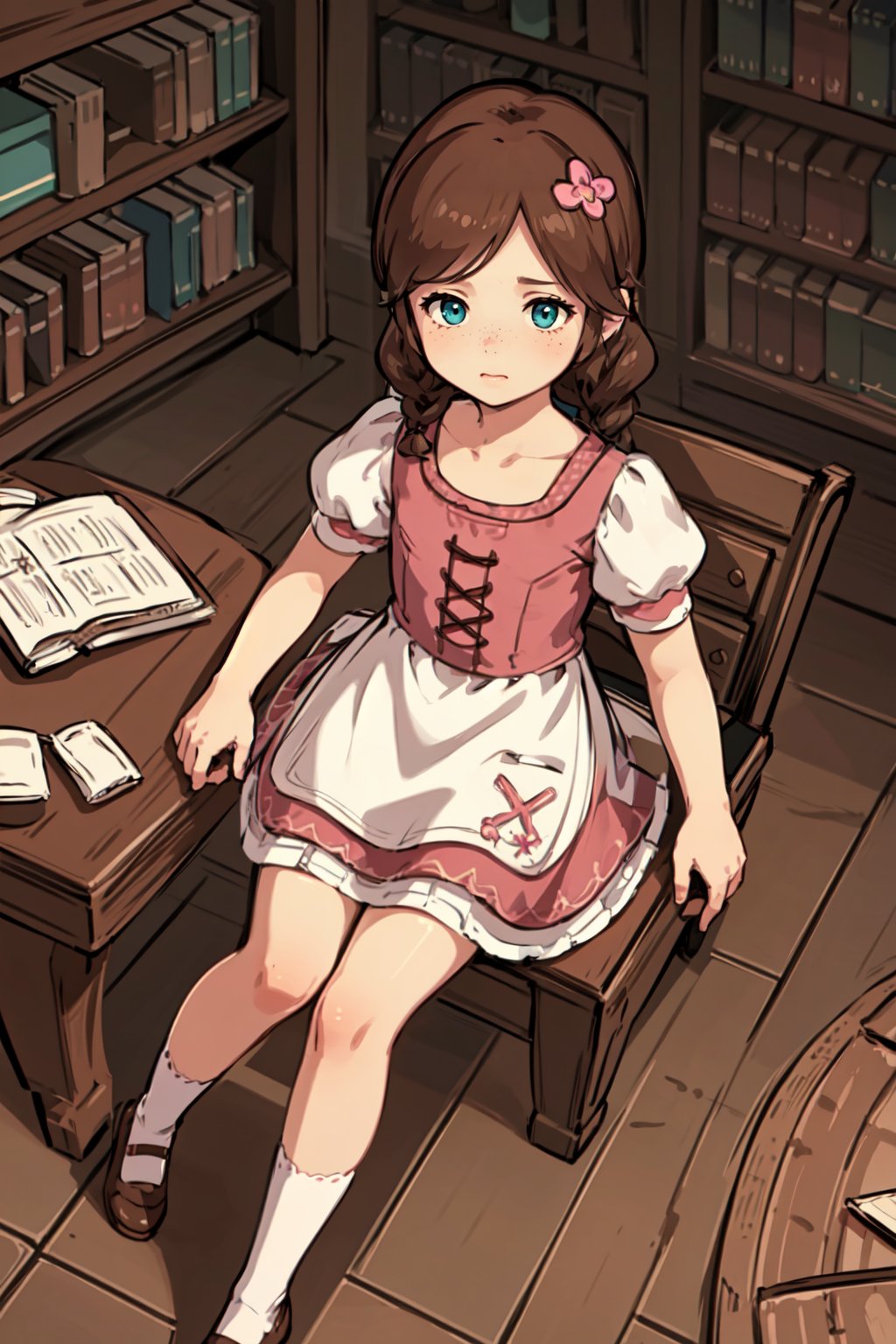 masterpiece, best quality, 1girl, <lora:Genshin_NPC_EllaMusk_v1:0.7:lbw=MIDD>, 1girl, solo, young, cute, full body, (library, bookshelf, pile of books, holding a book:1.5), (sitting on an antique chair:1.5), teal eyes, corset, brown hair, twin braids, (hair flower, hair ornament:1.1), collarbone, low collar, dress, pink skirt, flower pattern, short sleeves, apron, puffy sleeves, white socks, bobby socks, brown footwear, mary janes, freckles on cheeks and nose, (tareme:1.5), pov, from above