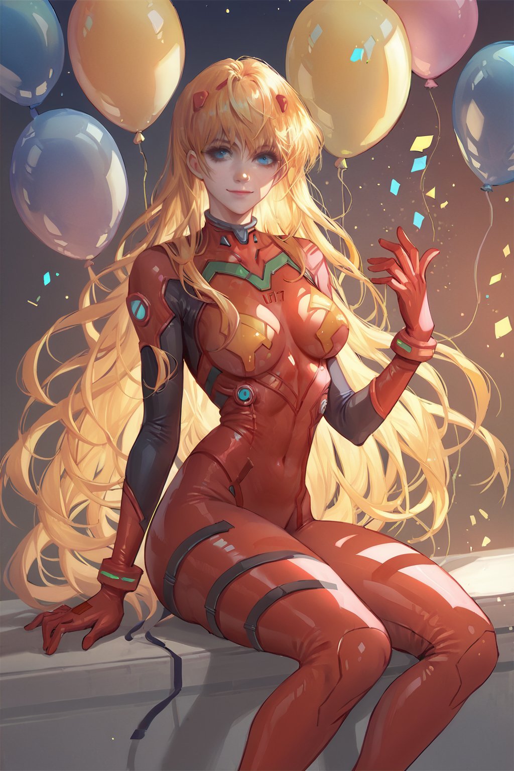 score_9, score_8, score_7, score_8_up, score_7_up, score_6_up, 1girl, solo, long hair, looking at viewer, smile, blue eyes, blonde hair, medium breasts, sitting, very long hair, closed mouth, orange hair, lips, bodysuit, night, skin tight, plugsuit, balloon, red bodysuit, interface headset<lora:EMS-323598-EMS:0.800000>