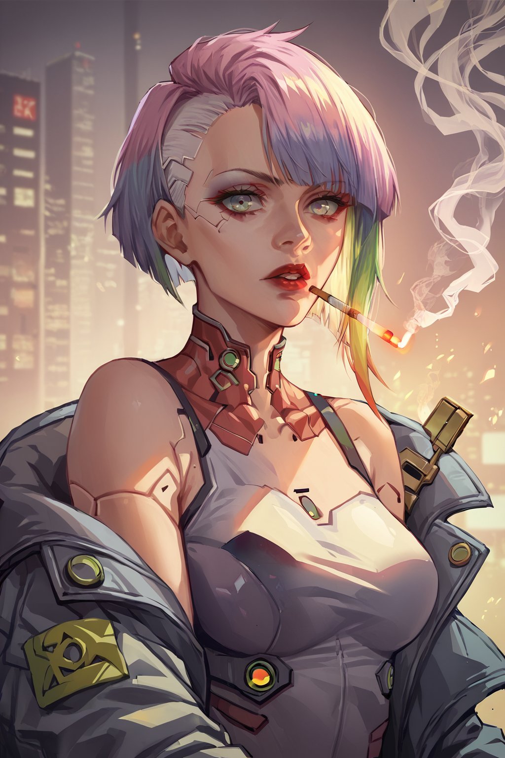 score_9, score_8, score_7, score_8_up, score_7_up, score_6_up, Lucy\Cyberpunk\), 1girl, solo, looking at viewer, short hair, bangs, holding, bare shoulders, jacket, upper body, multicolored hair, parted lips, off shoulder, bodysuit, makeup, smoke, cigarette, multicolored eyes, smoking, red lips, cyborg, holding cigarette, cyberpunk<lora:EMS-323598-EMS:0.800000>