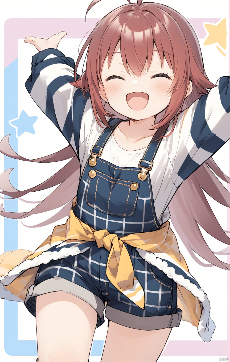 1girl, solo, long hair, blush, smile, open mouth, bangs, brown hair, shirt, long sleeves, hair between eyes, very long hair, collarbone, jacket, closed eyes, ahoge, :d, red hair, shorts, striped, star \(symbol\), arms up, plaid, short shorts, ^ ^, outstretched arms, facing viewer, two-tone background, overalls, striped background, clothes around waist, starry background, diagonal stripes, overall shorts, komiya kaho