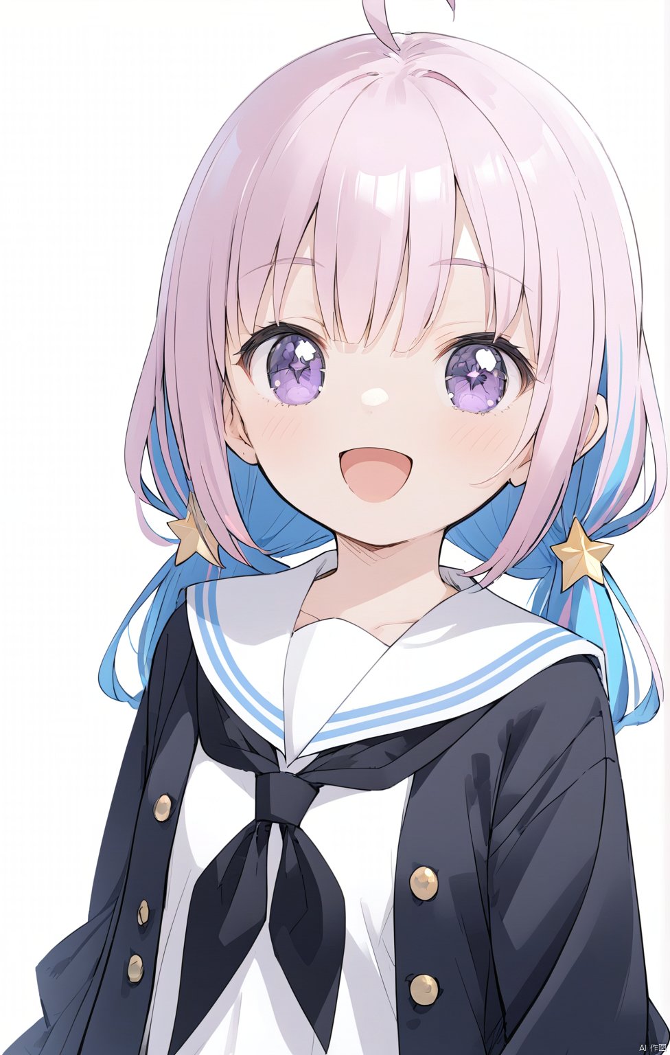 1girl,solo,long hair,looking at viewer,smile,open mouth,bangs,skirt,simple background,shirt,hair ornament,long sleeves,white background,twintails,school uniform,blue hair,purple eyes,jacket,upper body,pink hair,ahoge,white hair,:d,multicolored hair,pleated skirt,open clothes,serafuku,sailor collar,star \(symbol\),two-tone hair,black jacket,neckerchief,buttons,low twintails,white sailor collar,star hair ornament,double-breasted,black neckerchief,