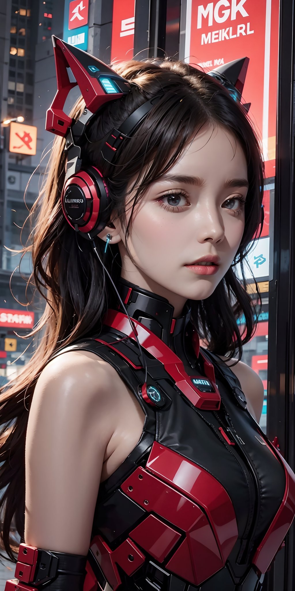 (best quality:1.3),(masterpiece:1.2),16k,1girl,Cyberpunk,Mechanical earphones,Luminous earphones,Strange shaped earphones,Super complex mechanical earphones,Giant mechanical earphones,Technological background,High brightness contrast,The inverted horn structure of the earphone area,Luminous integrated mechanical neck guard and mechanical chest,Full body black mecha,strapless ,Positive close-up,Red light,Urban background,Black mecha,Red glowing mecha,night,skyscraper