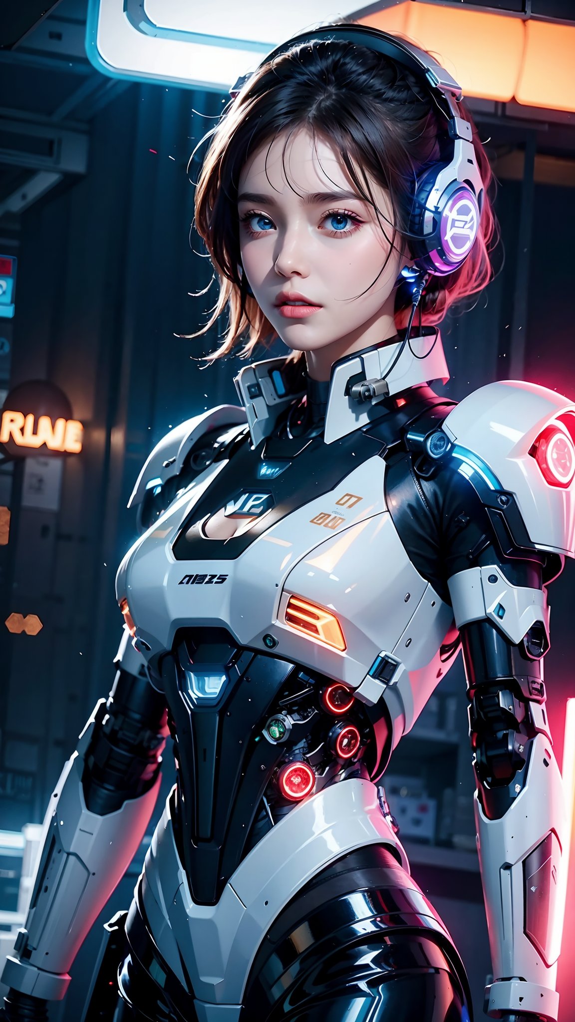 (best quality:1.3),(masterpiece:1.2),16k,1girl,blue eyes,brown hair,glowing,headphones,headset,looking at viewer,mecha,medium breasts,parted lips,Complex structure mecha,Blue glowing text on the chest,Full body silver white and black mecha,Metal mechanical collar,Robot arm,front,realistic,science fiction,short hair,solo,upper body,Above the abdomen,Mecha,Hard surface,Realistic materials,Glowing mecha,Multi light source mecha,night