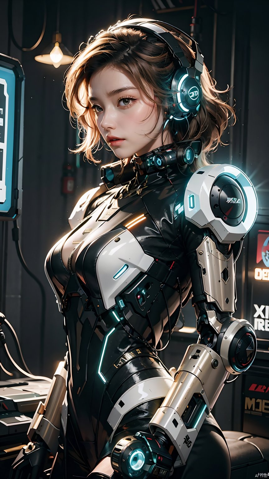 1girl,blonde hair,cyberpunk,glowing,headphones,headset,medium breasts,neon lights,indoor,Luminous robotic arm,Oblique lateral body,Place one hand in front of your eyes,Leather collar,Upper body,Luminous camera structure on the side of the buttocks,Full body black mecha,science fiction,short hair,solo,Mecha,Streamlined mecha,Luminous earphones,Glowing mecha,Multi light source mecha,night, 1girl