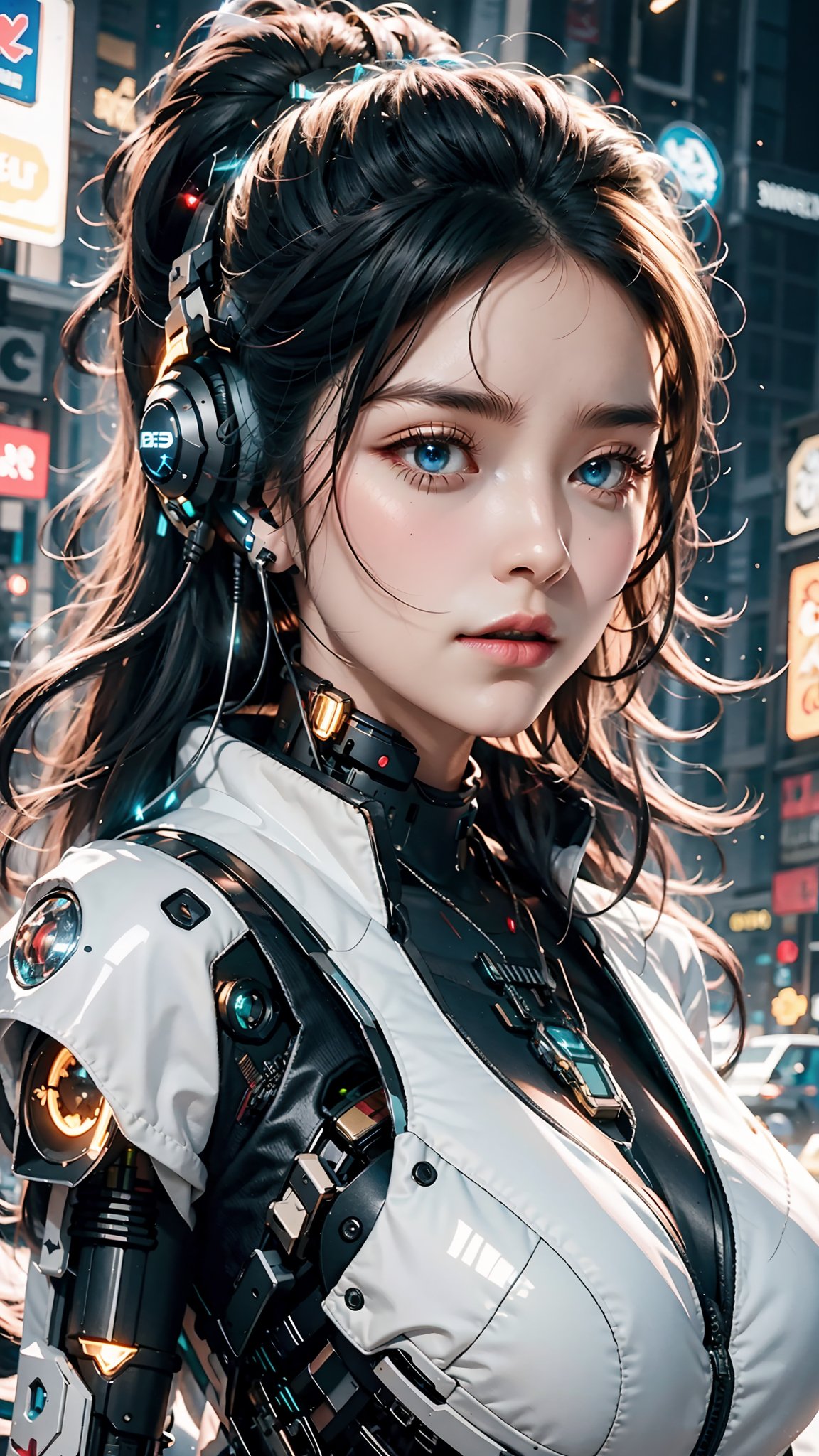 (best quality:1.3),(masterpiece:1.2),16k,1girl,blue eyes,blurry background,cyberpunk,glowing,long hair,parted lips,realistic,solo,The glowing text on the forehead,Slight chest exposure,The reverse L-shaped mechanical structure of mechanical earphones extending downwards,Full body white and black mecha,A luminous necklace,Luminous diamond shaped lens structure below the side of the chest,Luminescent anti L-shaped mechanical structure,Oblique side close-up,Mechanical body,upper body,Mecha,Hard surface,Streamlined mecha,Realistic materials,Luminous earphones,Mechanical earphones,Glowing mecha,Multi light source mecha,night,White hair