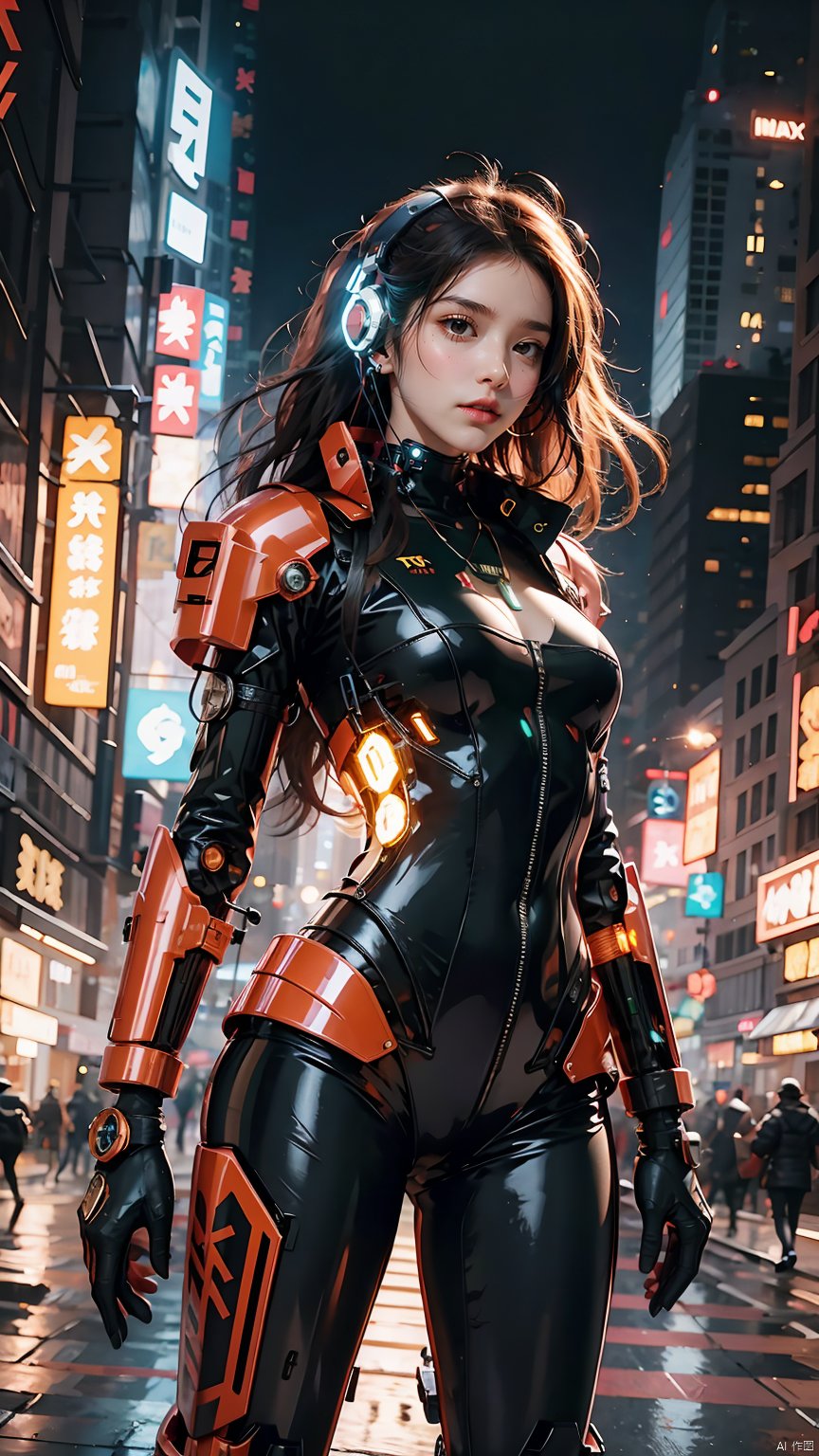 1girl,glowing,long hair,medium breasts,parted lips,realistic,solo,Black tight fitting latex suit,Glowing lines on the side chest,Upper body,Above thighs,The luminous energy core between the chest,Oblique lateral body,Looking up,The mechanical structure of the ribs,Mechanical armor emitting orange light on the thighs, arms, and shoulders,Mecha,Luminous earphones,Glowing mecha,Multi light source mecha,night,Urban background, neon lights, skyscrapers, 1girl,Cyberpunk,Mechanical earphones