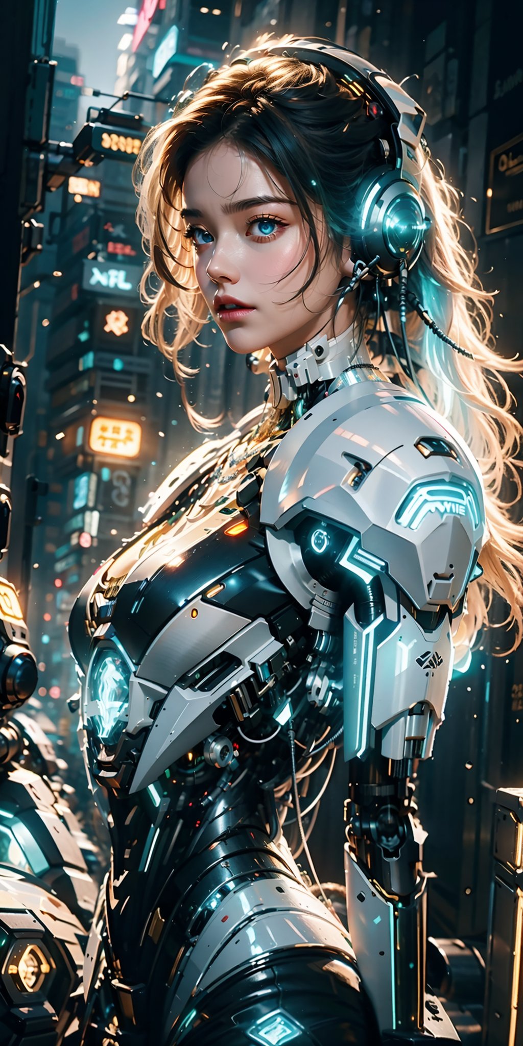 (best quality:1.3),(masterpiece:1.2),16k,1girl,blue eyes,blurry background,cyberpunk,glowing,long hair,parted lips,realistic,solo,The glowing text on the forehead,Slight chest exposure,The reverse L-shaped mechanical structure of mechanical earphones extending downwards,Full body white and black mecha,A luminous necklace,Luminous diamond shaped lens structure below the side of the chest,(Luminescent anti L-shaped mechanical structure:1.5),Oblique side close-up,Mechanical body,upper body,Mecha,Hard surface,Streamlined mecha,Realistic materials,Luminous earphones,Mechanical earphones,Glowing mecha,Multi light source mecha,night,White hair