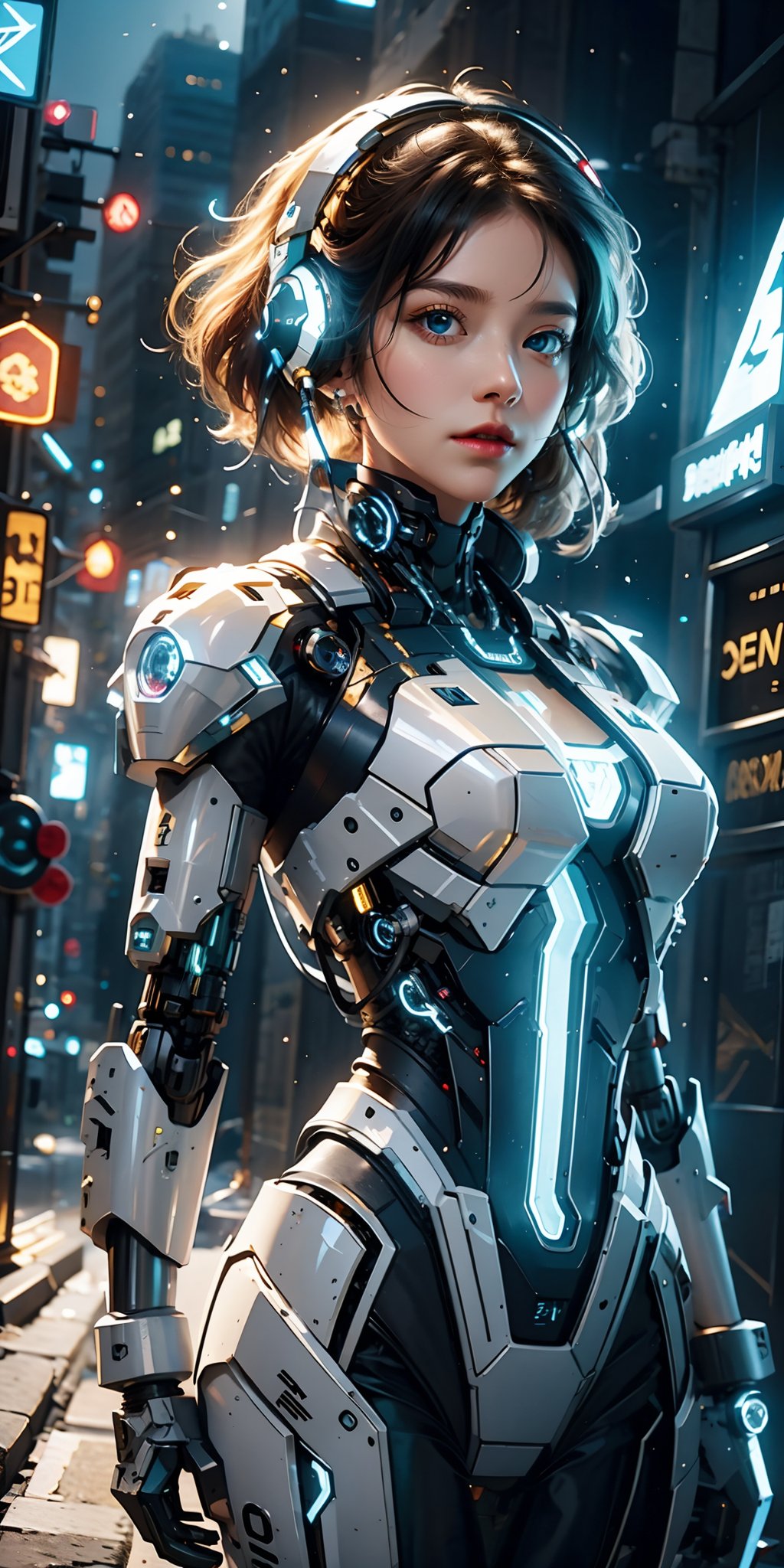 (best quality:1.3),(masterpiece:1.2),16k,1girl,blue eyes,brown hair,glowing,headphones,headset,looking at viewer,mecha,medium breasts,parted lips,Complex structure mecha,Blue glowing text on the chest,Full body silver white and black mecha,Metal mechanical collar,Robot arm,front,realistic,science fiction,short hair,solo,upper body,Above the abdomen,Mecha,Hard surface,Realistic materials,Glowing mecha,Multi light source mecha,night