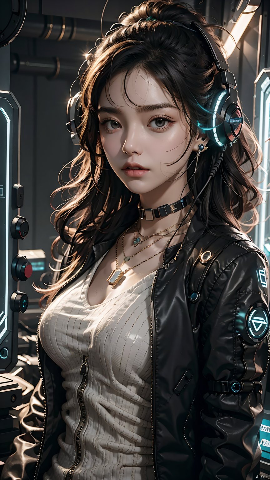 1girl,Cyberpunk,headset,Mechanical earphones,Luminous earphones,Mechanical necklace,Mechanical earphones with multiple line light sources,Complex structured headphones,Positive close-up,zipper,The electronic display screen structural component on the earpiece of the earphone,indoor,Grey white knitted lining,Black jacket,Mechanical neck guards with complex structures,Array of luminous lines on the front side of the shoulder,necklace,Fragmented mechanical jewelry,Technological background,High brightness contrast,Complex earphones,Complex mechanical jewelry,night, 1girl,Cyberpunk,Mechanical earphones