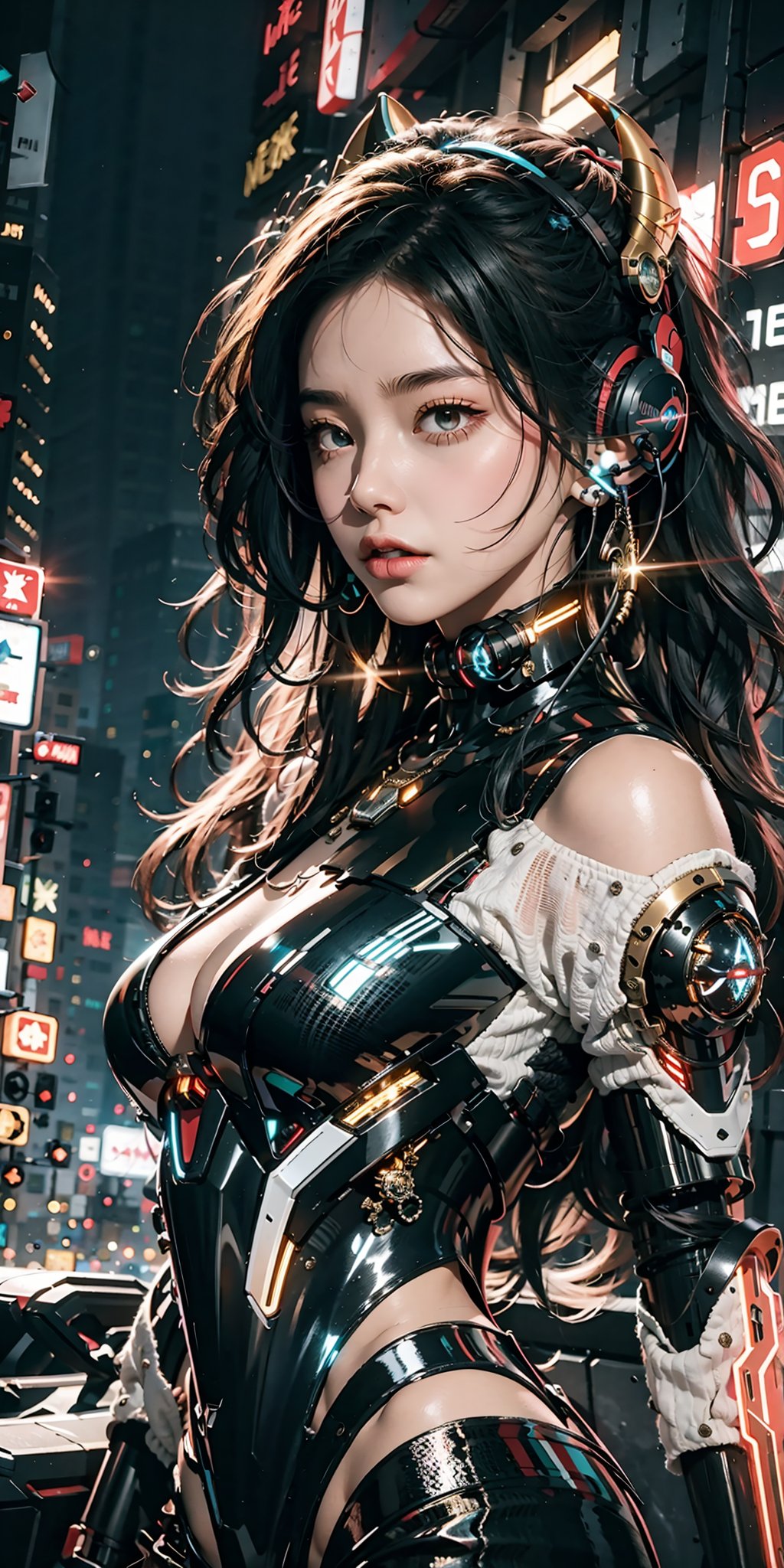 (best quality:1.3),(masterpiece:1.2),16k,1girl,Cyberpunk,Mechanical earphones,Luminous earphones,Strange shaped earphones,Super complex mechanical earphones,Giant mechanical earphones,Technological background,High brightness contrast,The inverted horn structure of the earphone area,Luminous integrated mechanical neck guard and mechanical chest,Full body black mecha,strapless ,Positive close-up,Red light,Urban background,Black mecha,Red glowing mecha,night,skyscraper