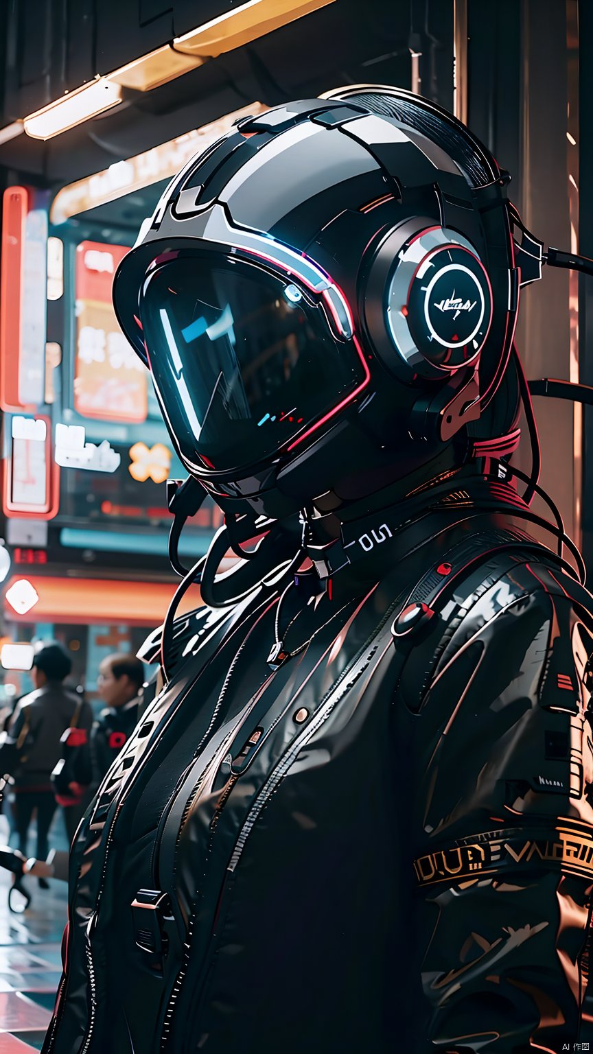 (best quality:1.3),(masterpiece:1.2),16k,1girl,Cyberpunk,Mechanical earphones,Luminous earphones,Mechanical necklace,Technological background,High brightness contrast,Integrated encapsulated mechanical helmet earphones,Oblique side close-up,Black jacket,Fragmented mechanical neck guard,Mechanical helmet,Big headphones,indoor,Behind the scenes electronic devices,Upper body,Above the abdomen,Complex headphones,night, 1girl,Cyberpunk,Mechanical earphones