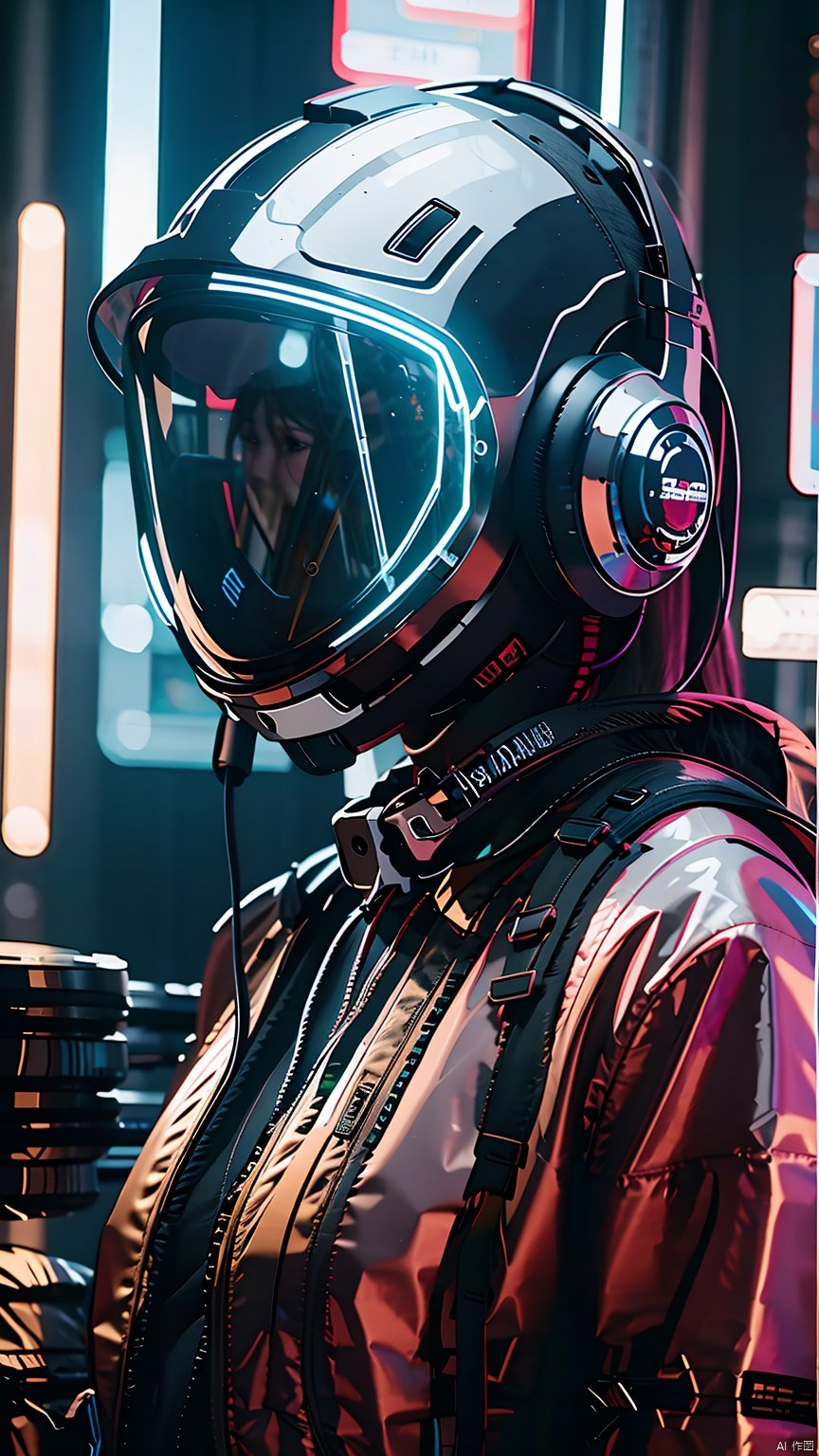 (best quality:1.3),(masterpiece:1.2),16k,1girl,Cyberpunk,Mechanical earphones,Luminous earphones,Mechanical necklace,Technological background,High brightness contrast,Integrated encapsulated mechanical helmet earphones,Oblique side close-up,Black jacket,Fragmented mechanical neck guard,Mechanical helmet,Big headphones,indoor,Behind the scenes electronic devices,Upper body,Above the abdomen,Complex headphones,night, 1girl,Cyberpunk,Mechanical earphones