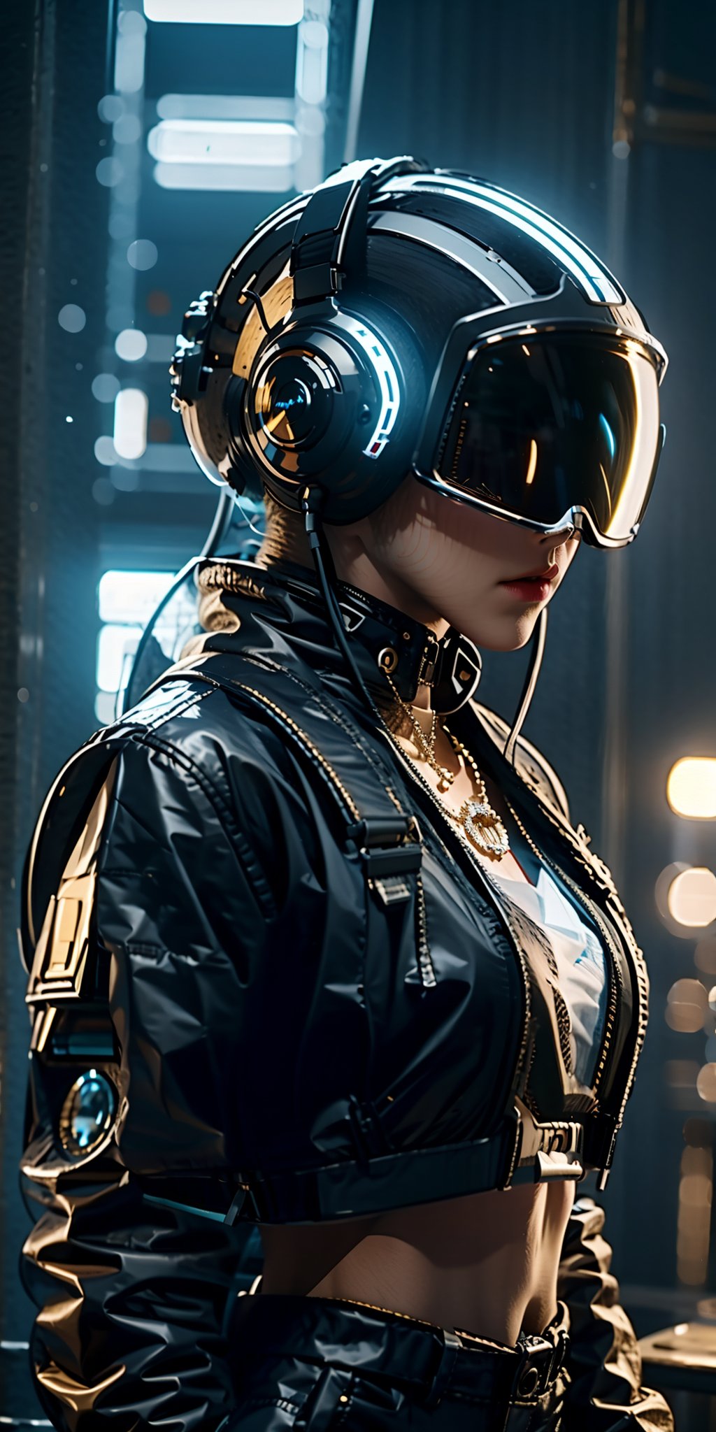 (best quality:1.3),(masterpiece:1.2),16k,1girl,Cyberpunk,Mechanical earphones,Luminous earphones,Mechanical necklace,Technological background,High brightness contrast,Integrated encapsulated mechanical helmet earphones,Oblique side close-up,Black jacket,Fragmented mechanical neck guard,Mechanical helmet,Big headphones,indoor,Behind the scenes electronic devices,Upper body,Above the abdomen,Complex headphones,night