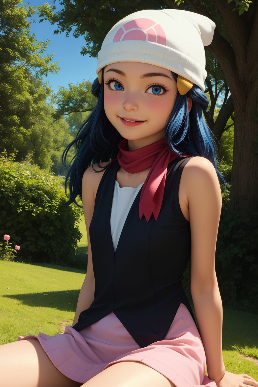 pkmndawn, 1girl, solo, blue eyes, blue hair, long hair, sidelocks, hairclip, beanie,black dress, sleeveless, pink skirt, scarf,naughty face,smile,closed mouth,cowboy shot,sitting,forest,outdoor,(insanely detailed, beautiful detailed face, masterpiece, best quality) cinematic lighting,<lora:PKMN_Dawn_v1:1>, <lora:more_details:0.3>,