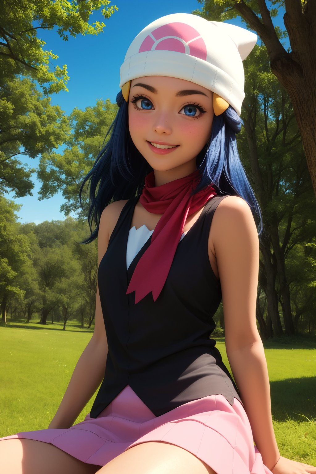 pkmndawn, 1girl, solo, blue eyes, blue hair, long hair, sidelocks, hairclip, beanie,black dress, sleeveless, pink skirt, scarf,naughty face,smile,closed mouth,cowboy shot,sitting,forest,outdoor,(insanely detailed, beautiful detailed face, masterpiece, best quality) cinematic lighting,<lora:PKMN_Dawn_v1:1>, <lora:more_details:0.3>,